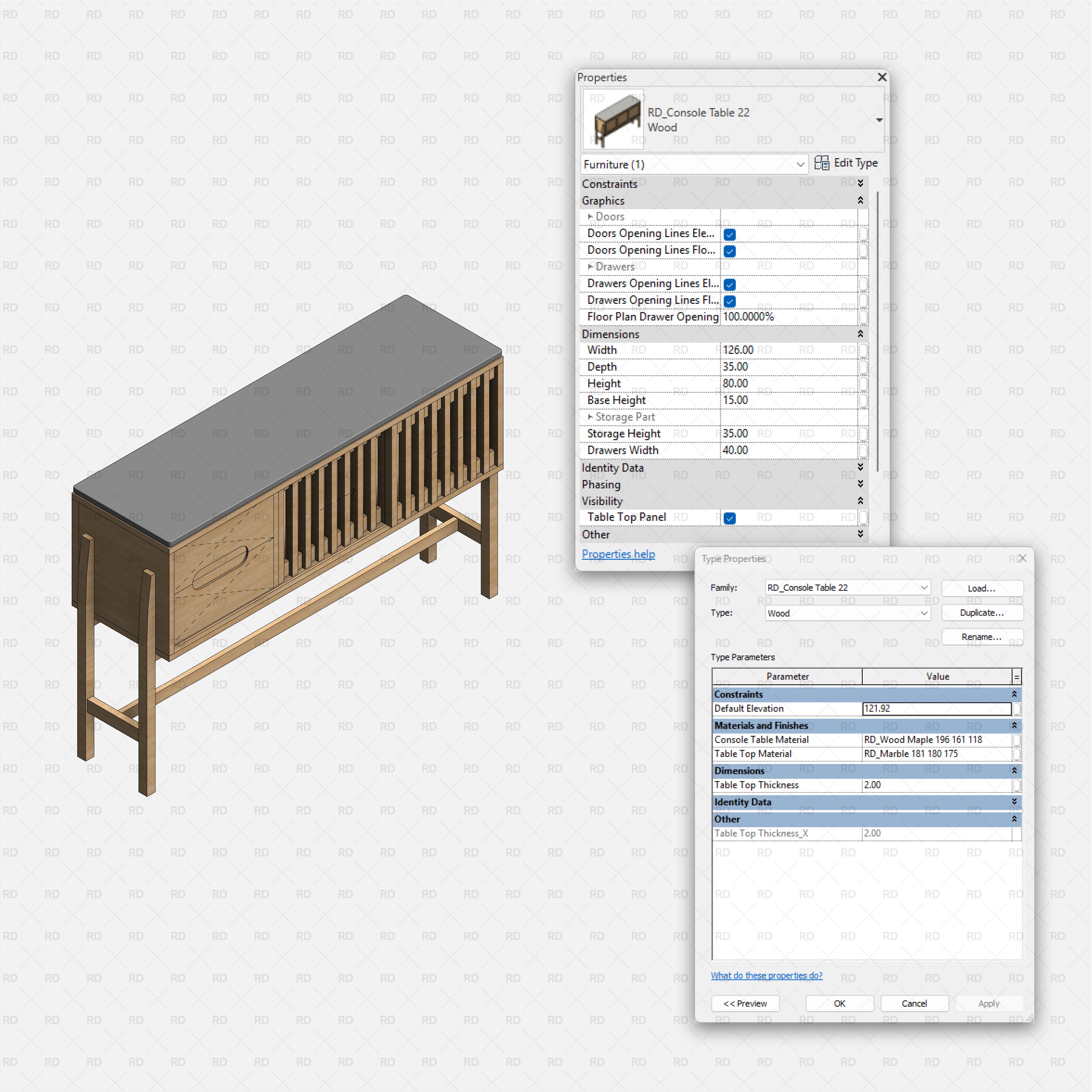 revit wood console table RD Studio BIM blocks rfa slatted-door sideboard console with stone top
