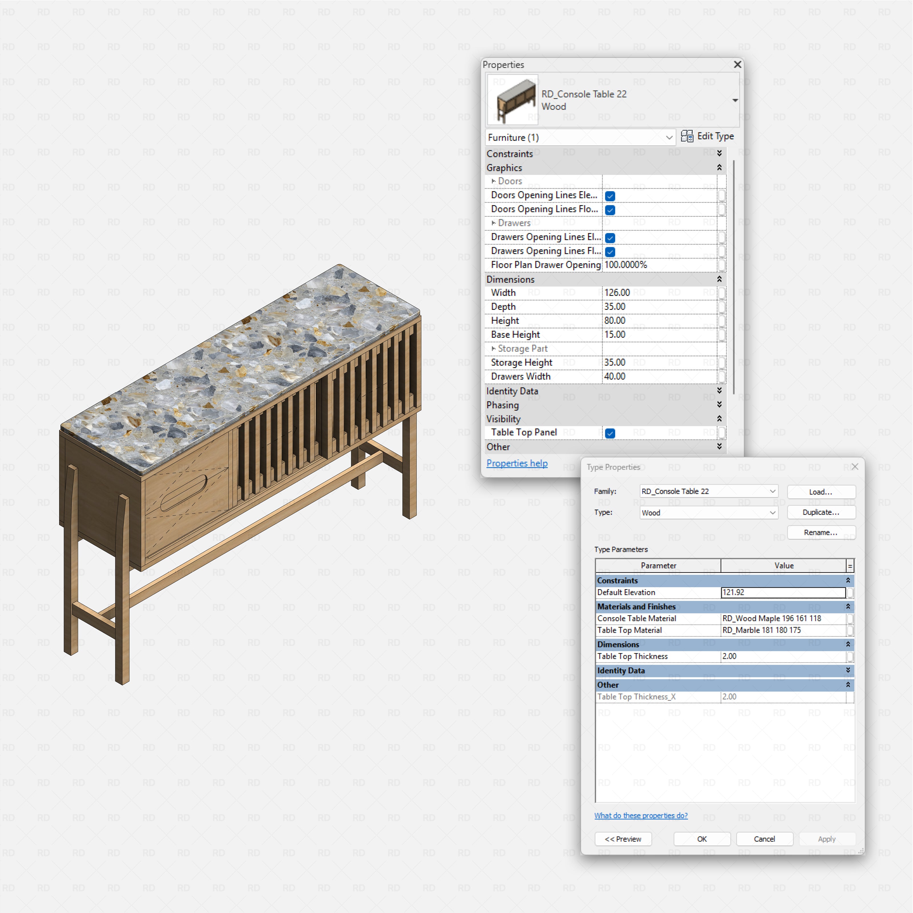 revit wood console table RD Studio BIM blocks rfa slatted-door sideboard console with stone top