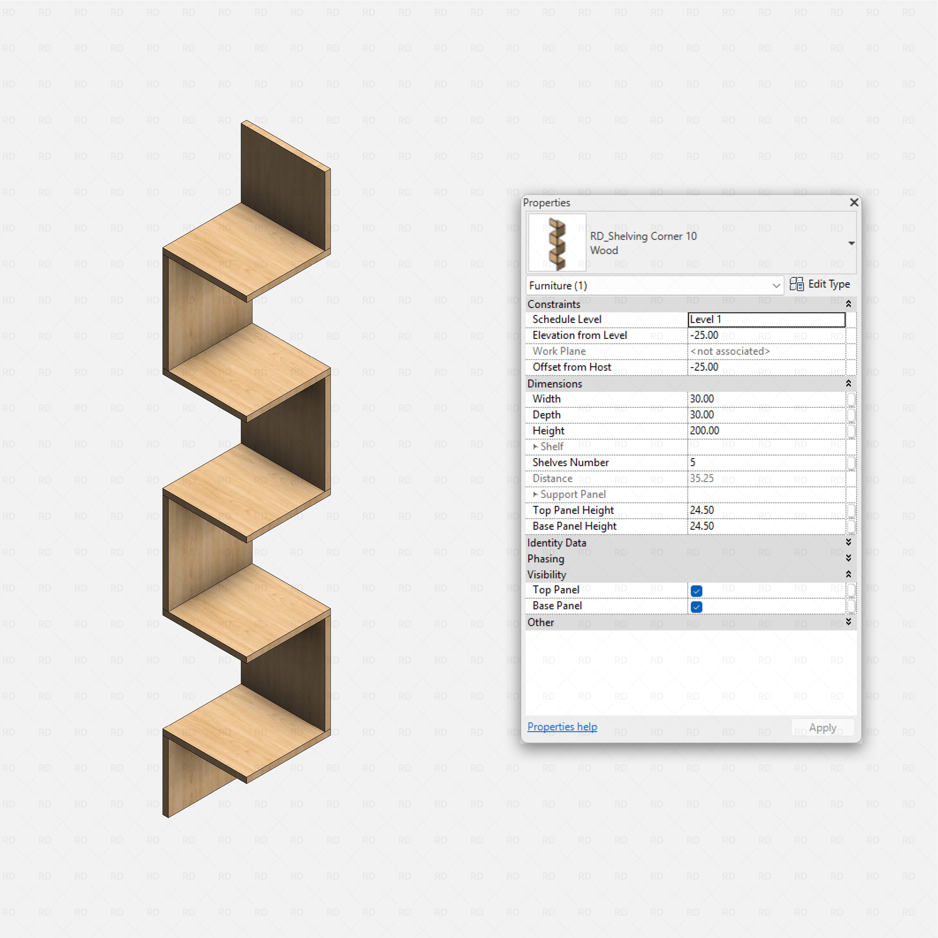 Revit Corner Shelving Pack RD Studio BIM blocks rfa zigzag corner wall shelves with five offset platforms