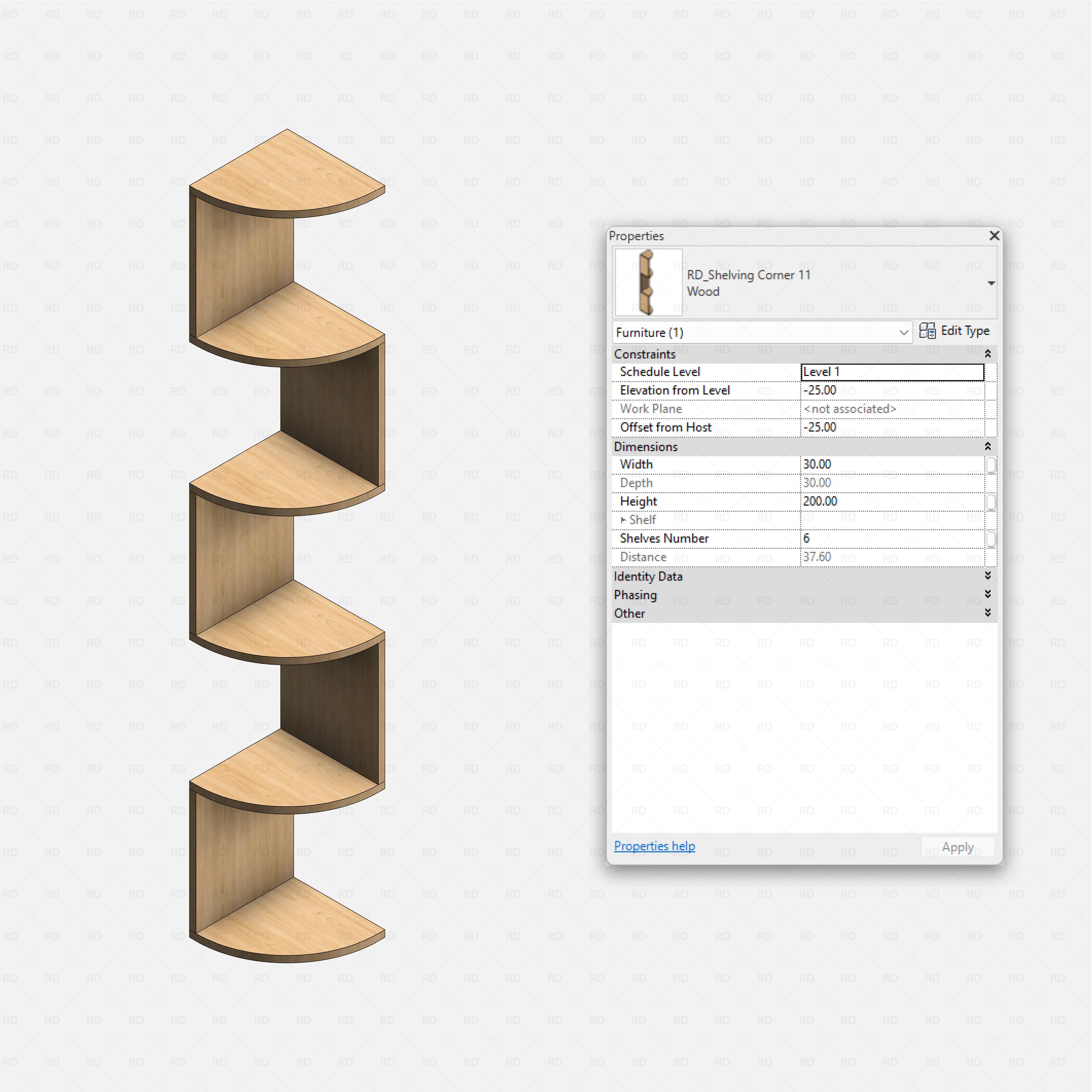 Revit Corner Shelving Pack RD Studio BIM blocks rfa curved corner wall shelving with six quarter circle tiers
