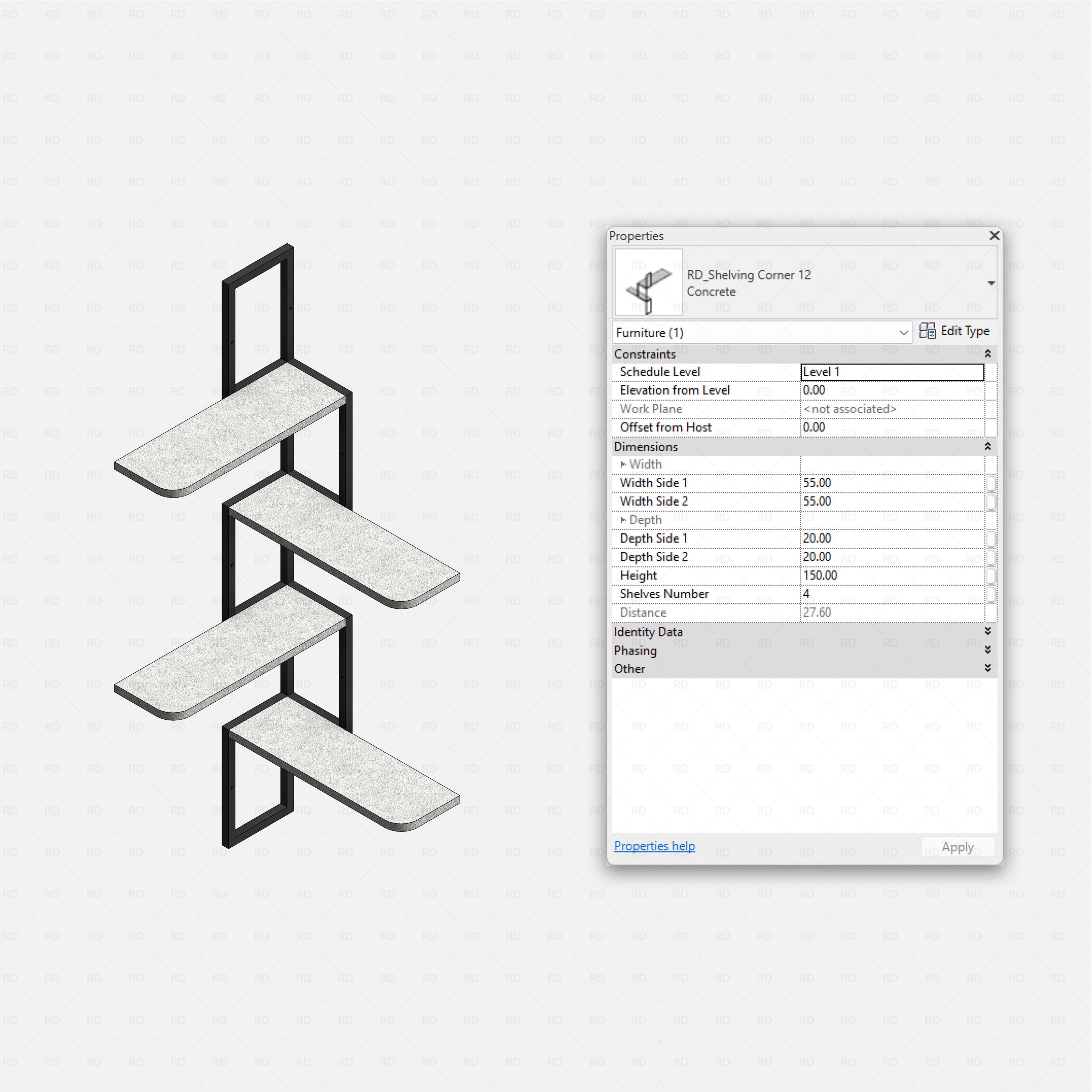 Revit Corner Shelving Pack RD Studio BIM blocks rfa concrete corner shelves on slim black metal frame
