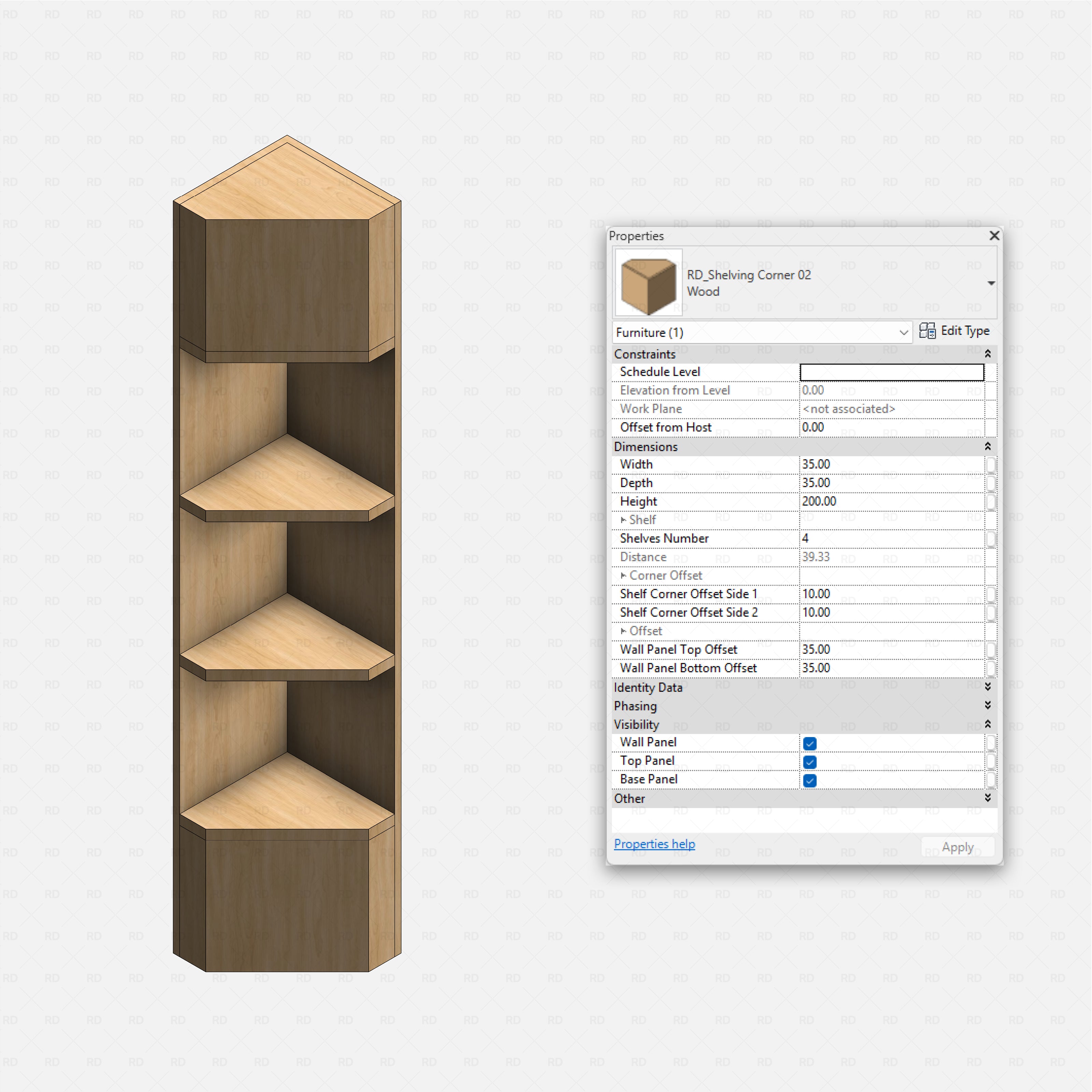 Revit Corner Shelving Pack RD Studio BIM blocks rfa tall wood corner shelving 02 with pitched top and deep corner shelves