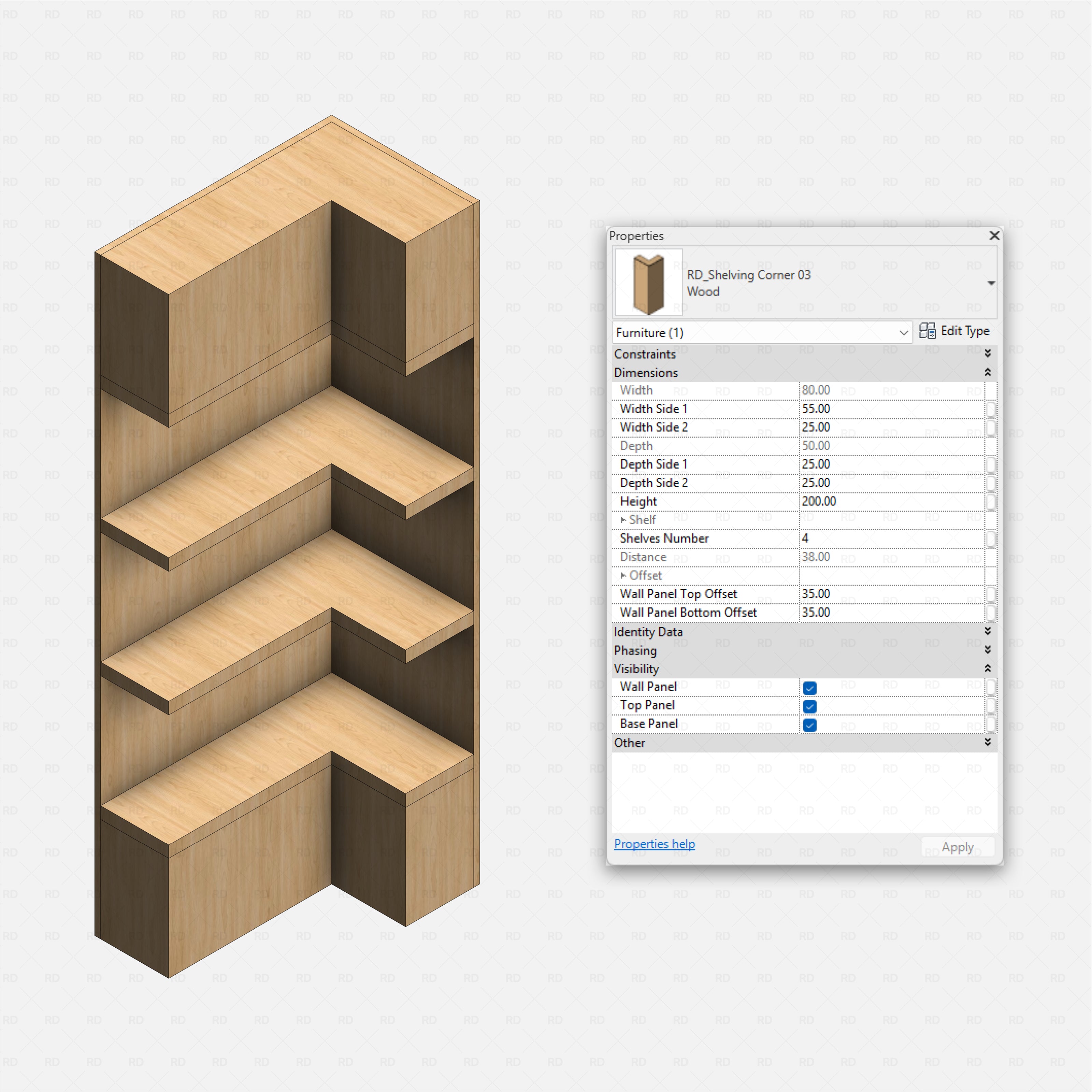 Revit Corner Shelving Pack RD Studio BIM blocks rfa L shaped corner shelving 03 with staggered wall mounted wood shelves
