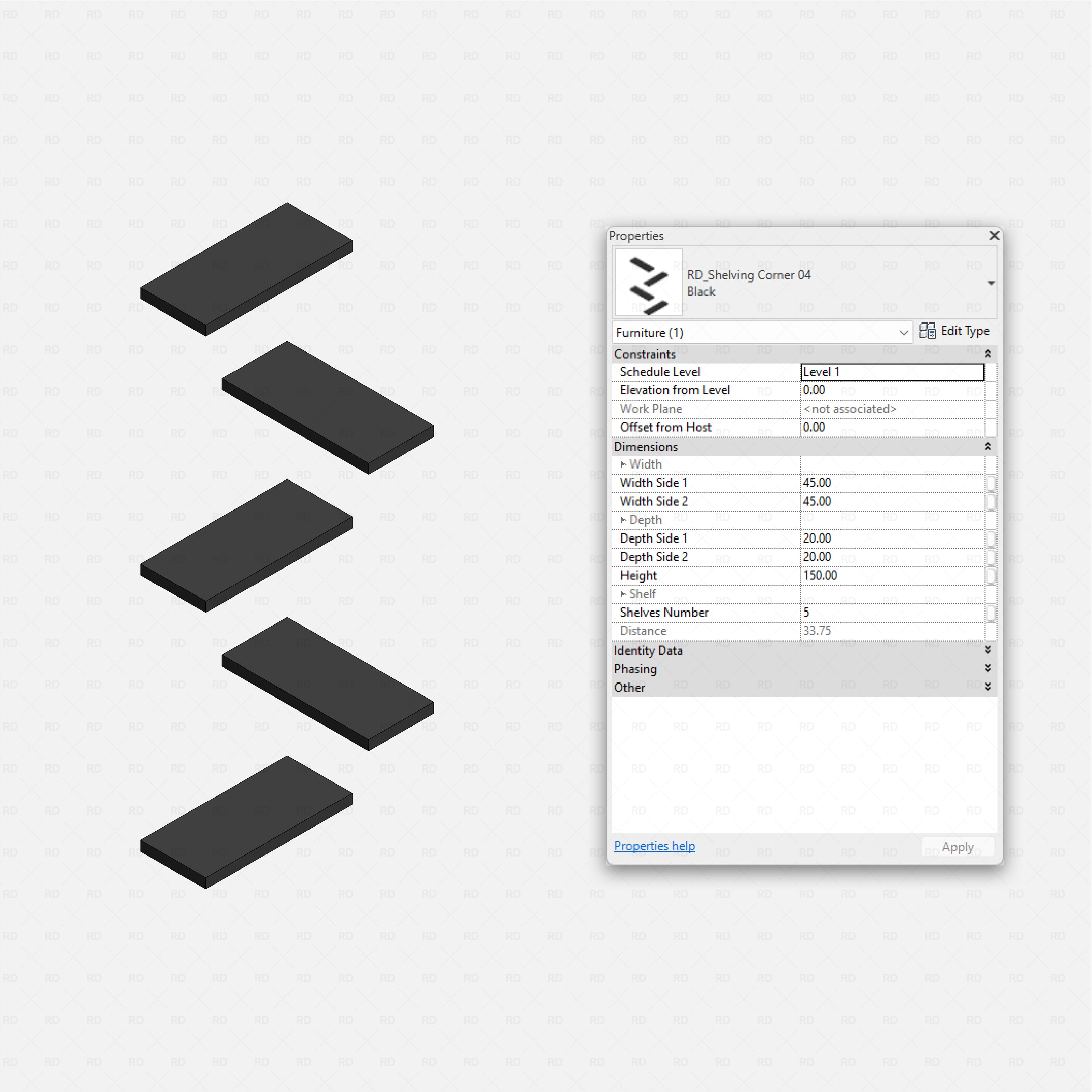 Revit Corner Shelving Pack RD Studio BIM blocks rfa black floating corner shelving 04 with five rectangular wall shelves