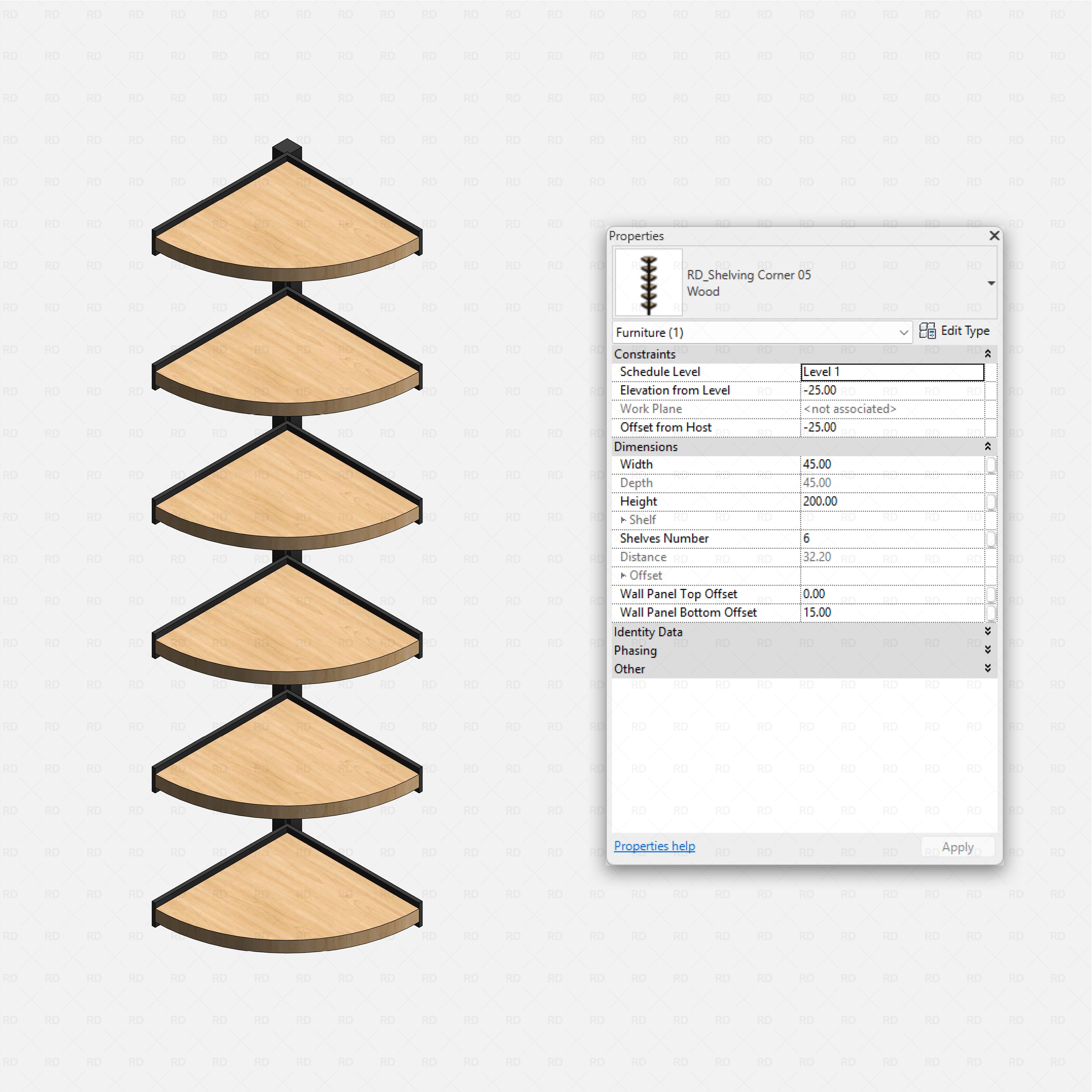 Revit Corner Shelving Pack RD Studio BIM blocks rfa quarter circle wood corner shelving 05 with vertical spine support
