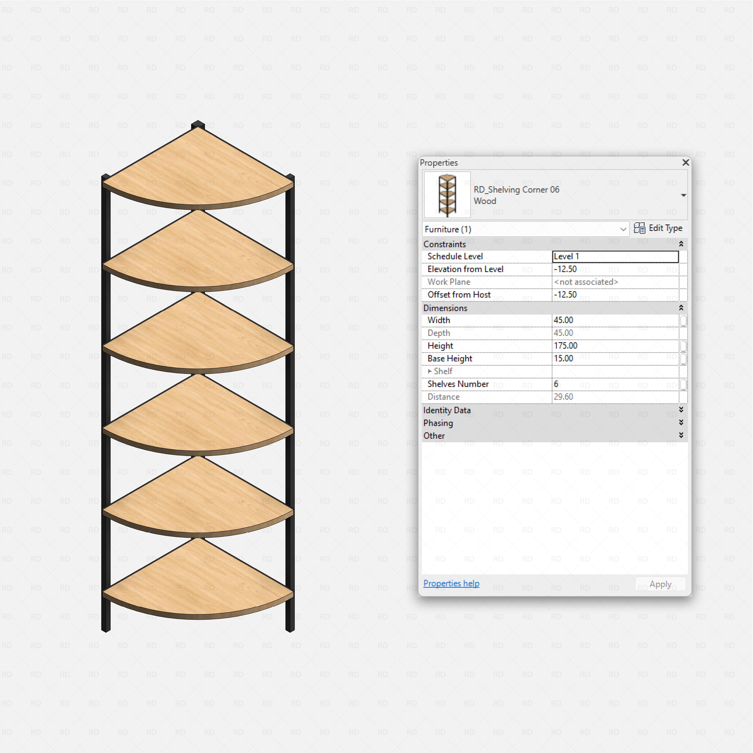 Revit Corner Shelving Pack RD Studio BIM blocks rfa metal frame quarter circle corner shelving 06 with five wood shelves