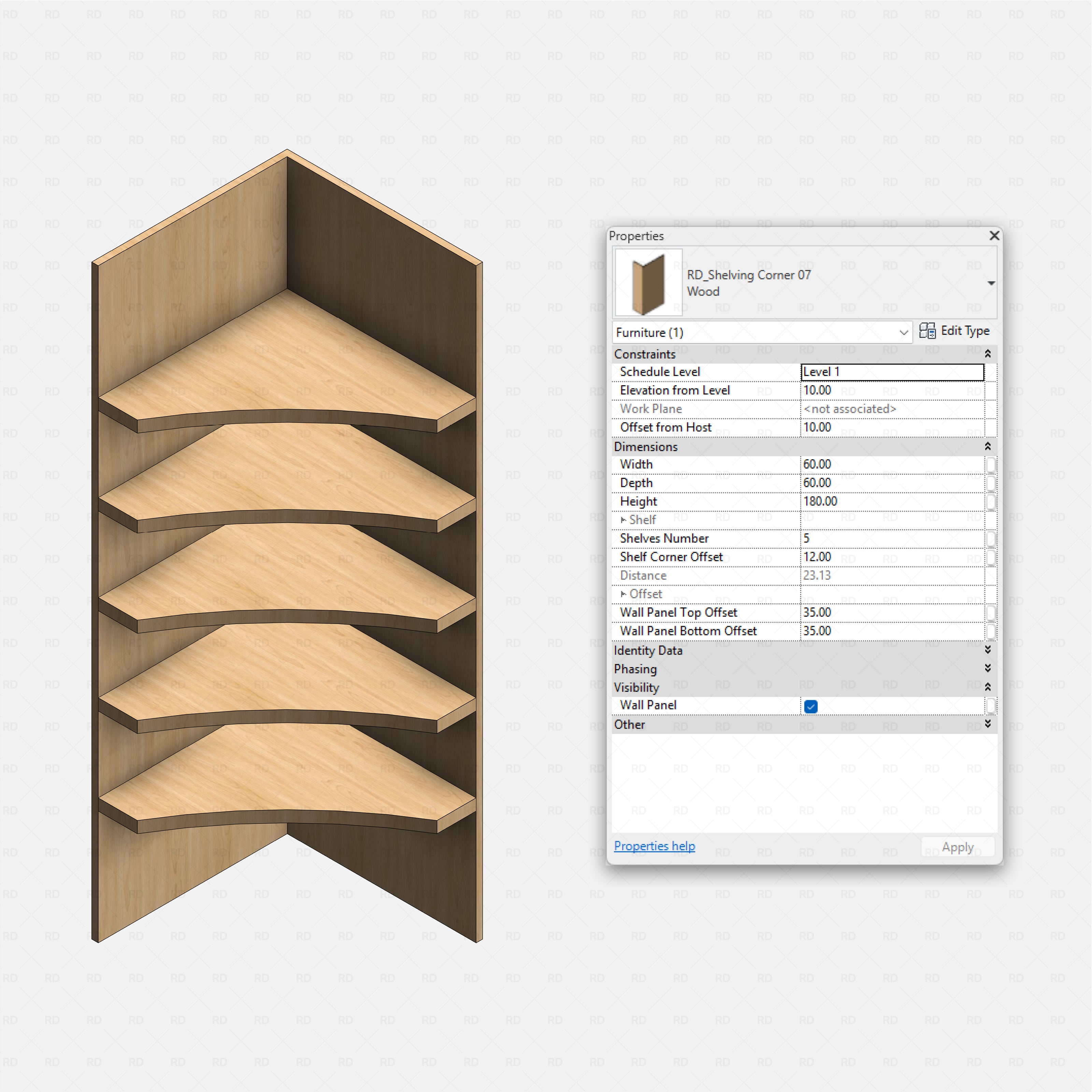 Revit Corner Shelving Pack RD Studio BIM blocks rfa tall wood corner unit with five adjustable display shelves