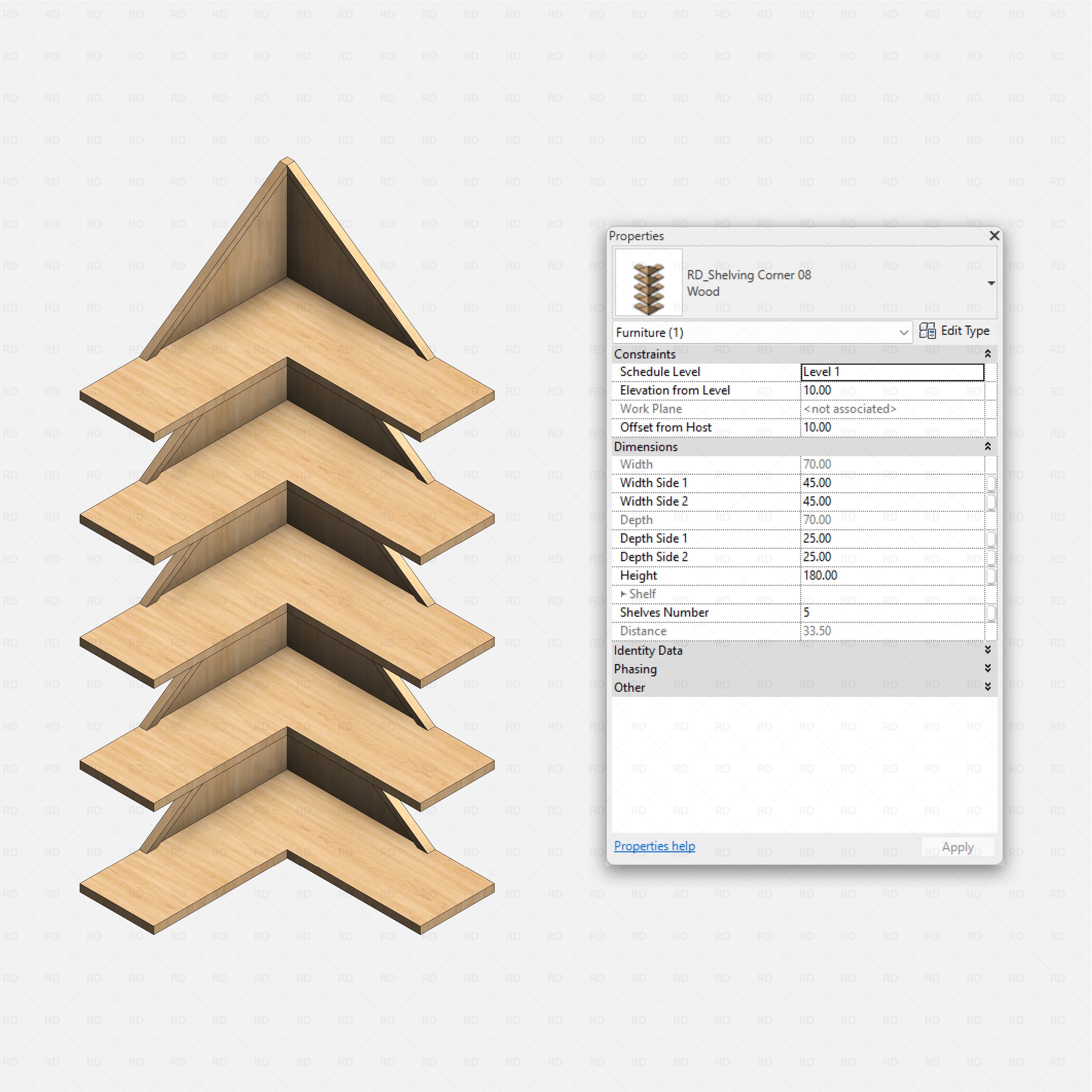 Revit Corner Shelving Pack RD Studio BIM blocks rfa stepped corner display with five triangular wood shelves