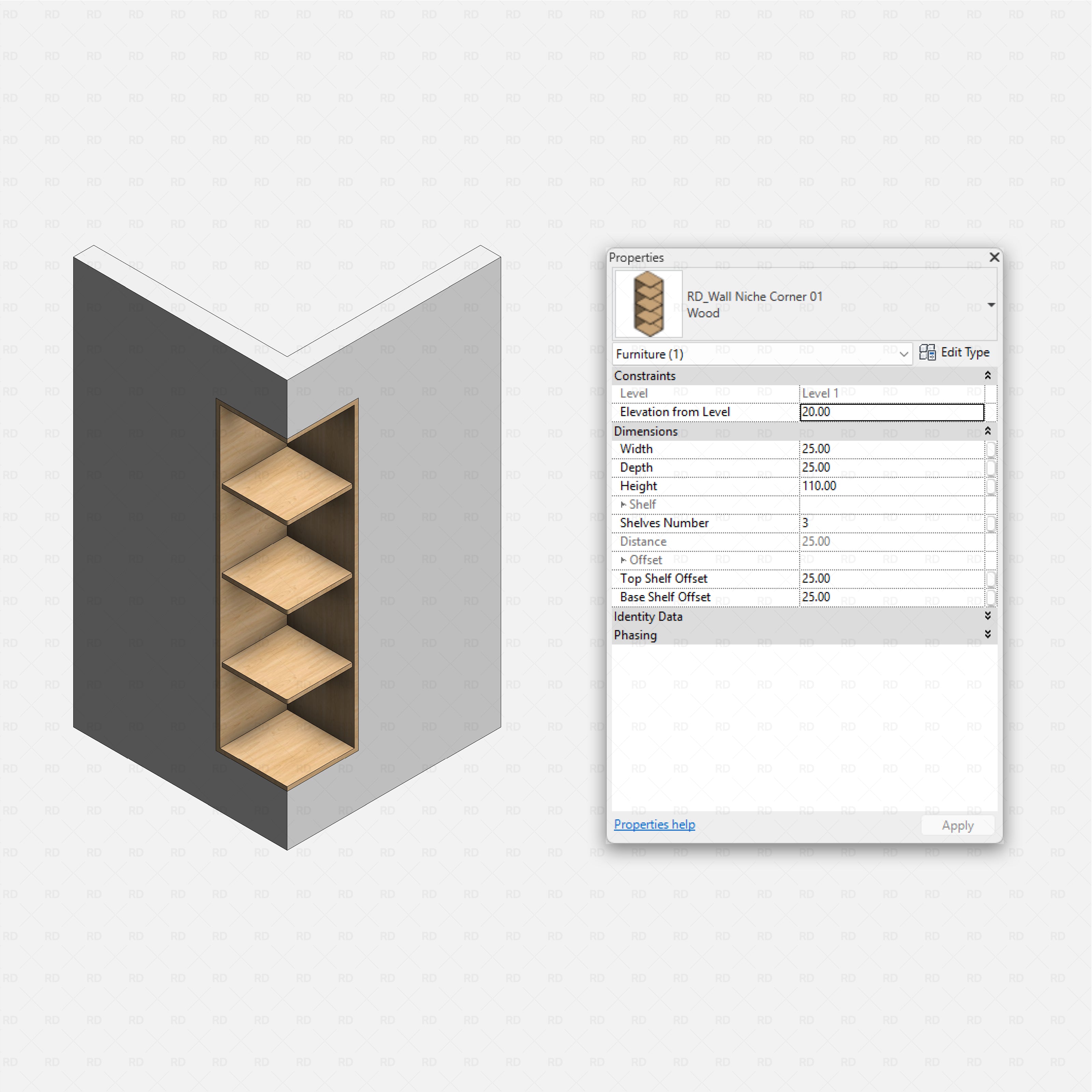 Revit Corner Wall Niches Pack RD Studio BIM blocks rfa rectangular corner wall niche with four wooden shelves