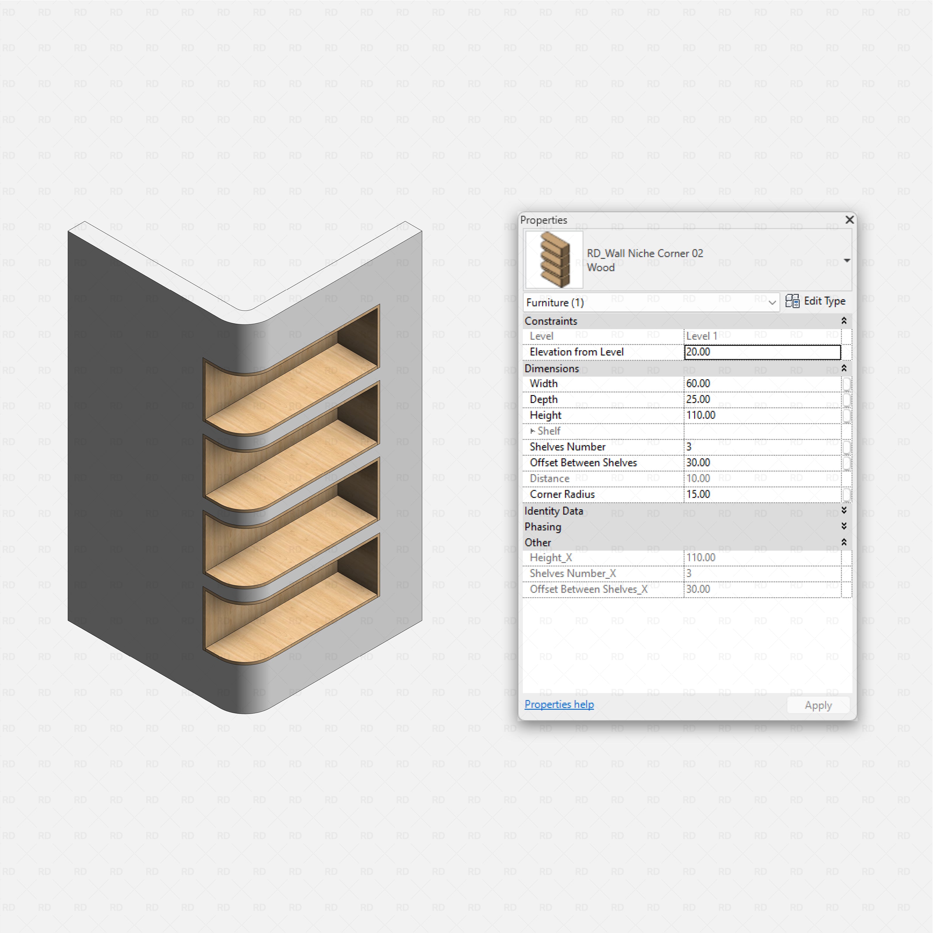 Revit Corner Wall Niches Pack RD Studio BIM blocks rfa rounded rectangular corner niche with three curved wood shelves