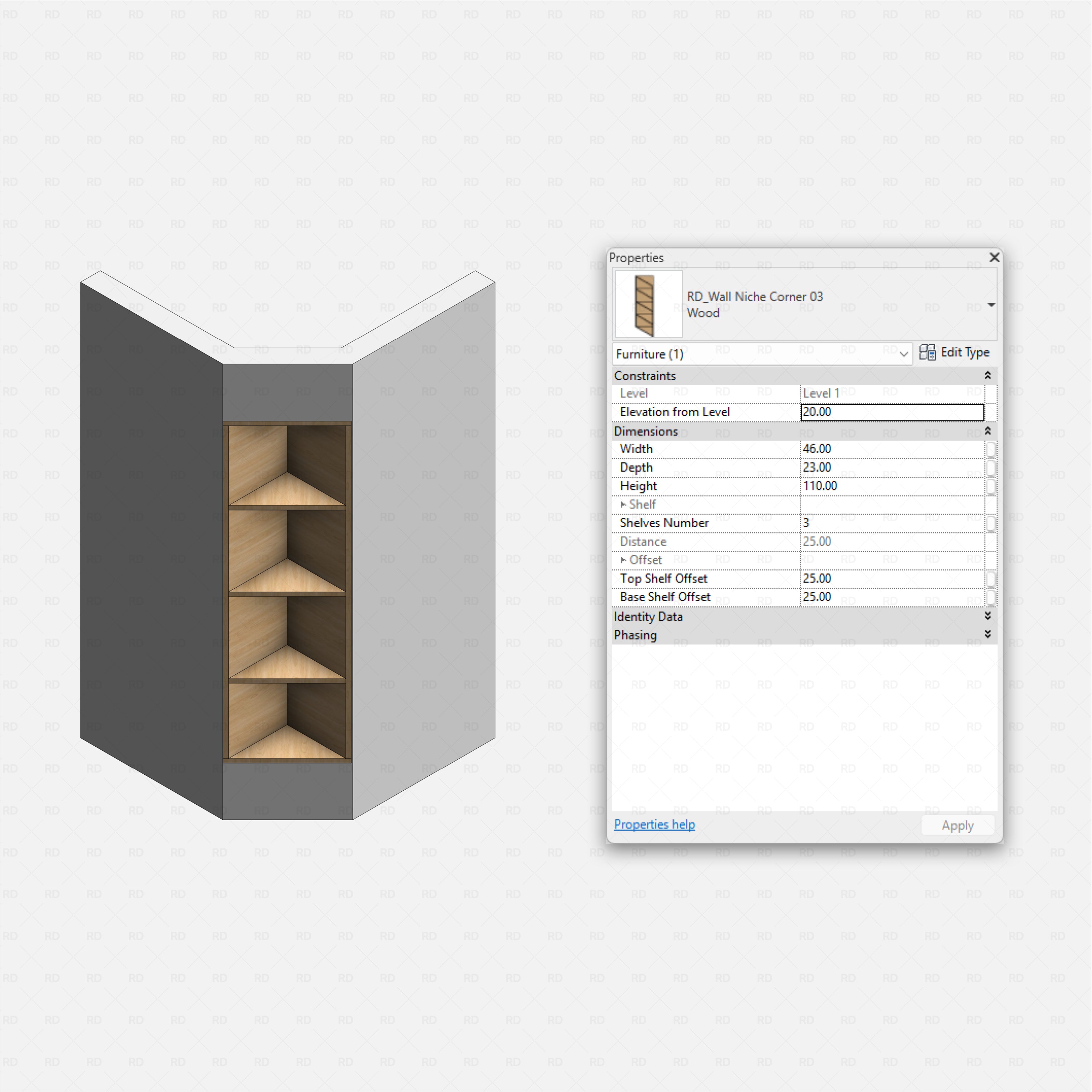 Revit Corner Wall Niches Pack RD Studio BIM blocks rfa triangular corner wall niche with three wooden shelves