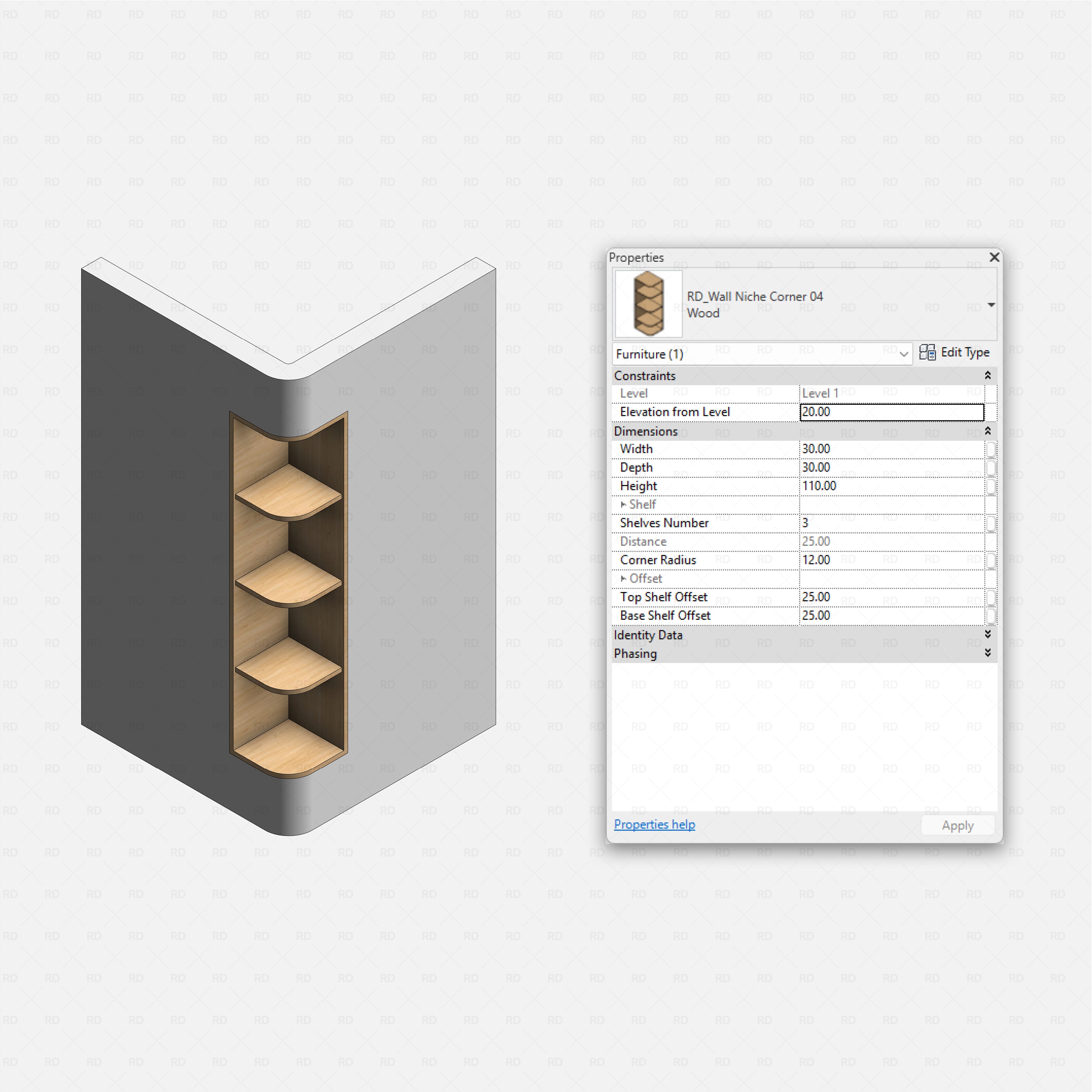 Revit Corner Wall Niches Pack RD Studio BIM blocks rfa rounded triangular corner niche with three curved wood shelves