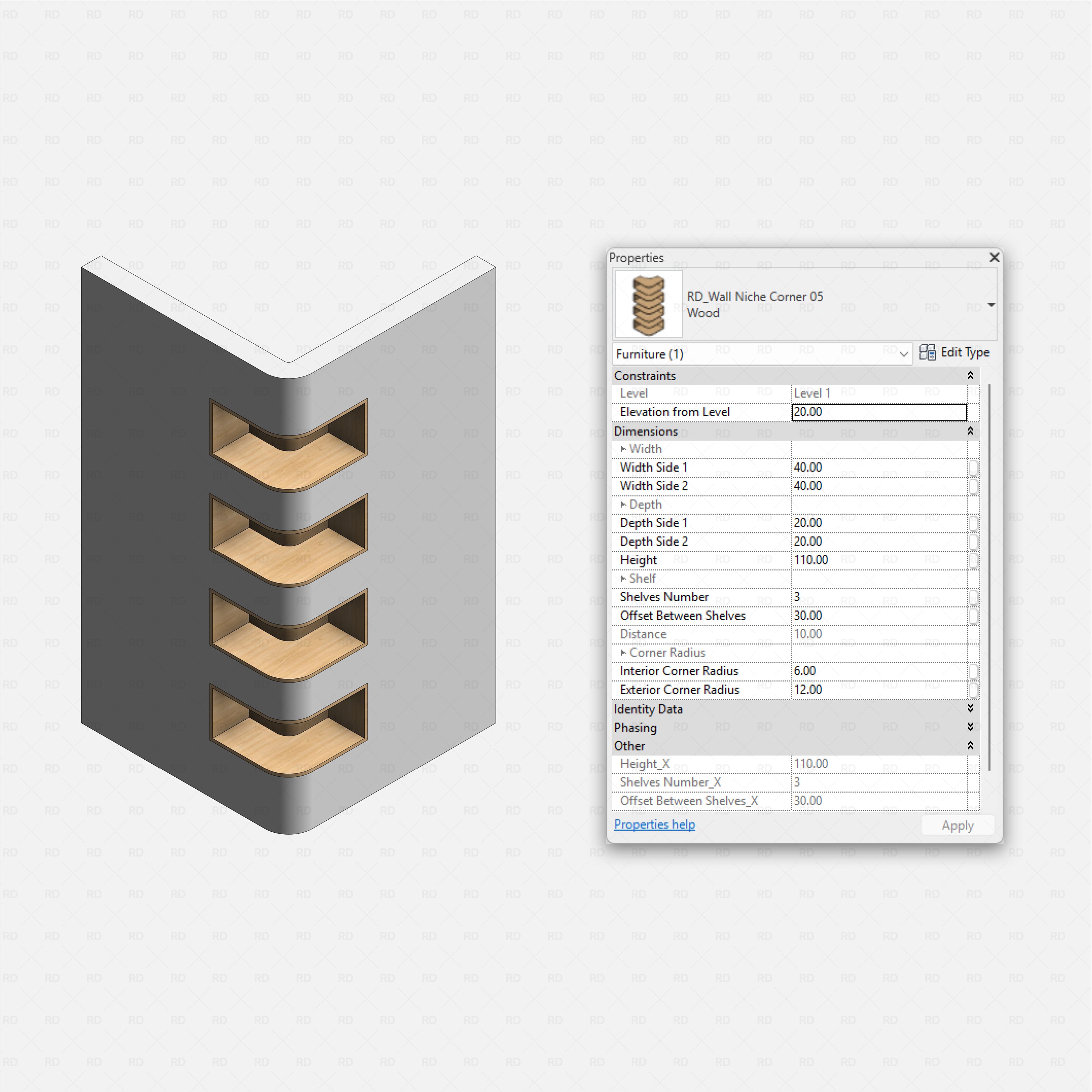 Revit Corner Wall Niches Pack RD Studio BIM blocks rfa stepped rounded corner niche with three recessed wood shelves