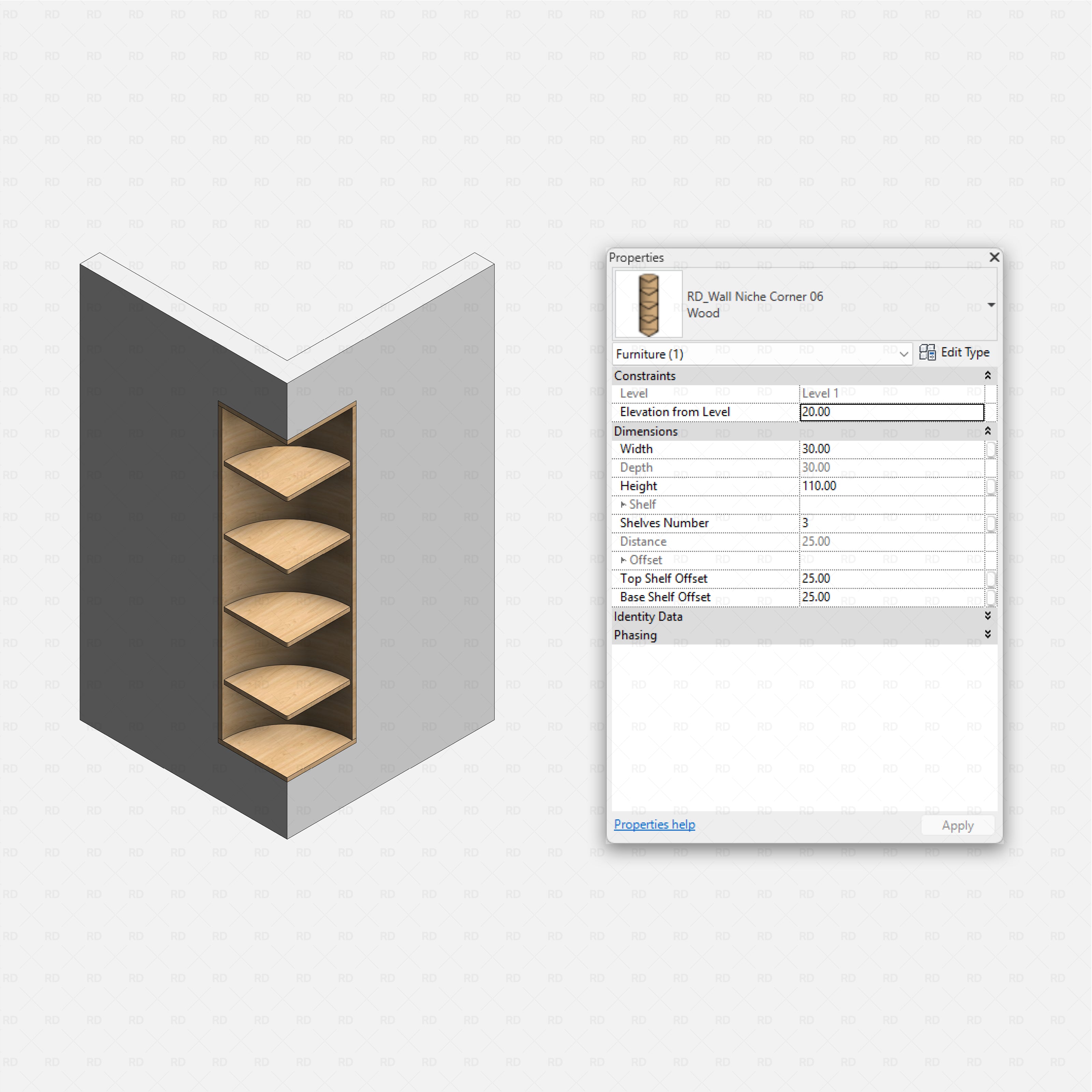 Revit Corner Wall Niches Pack RD Studio BIM blocks rfa tall rounded triangular corner niche with four wood shelves