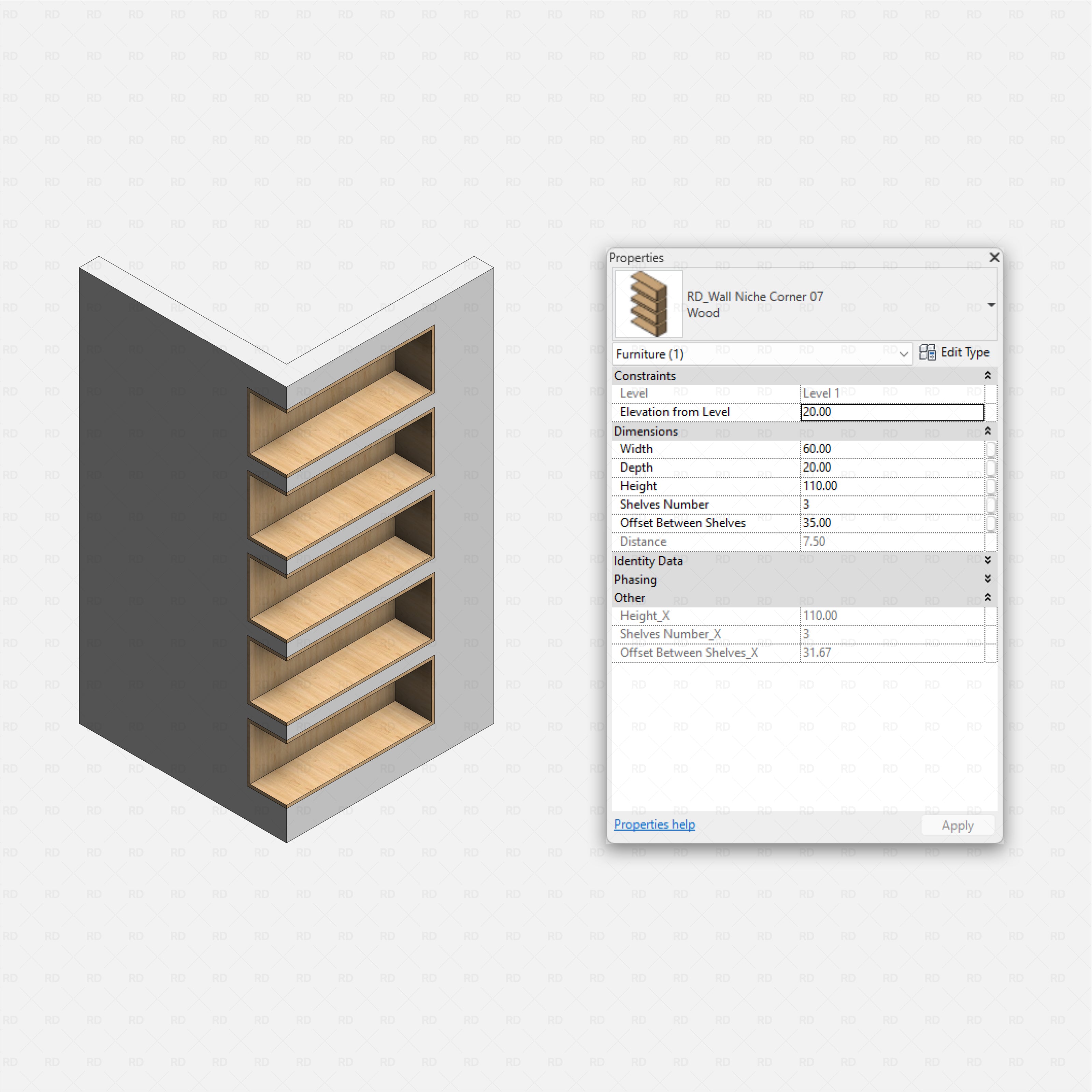 Revit Corner Wall Niches Pack RD Studio BIM blocks rfa, tall rectangular corner niche with four wood shelves in grey wall