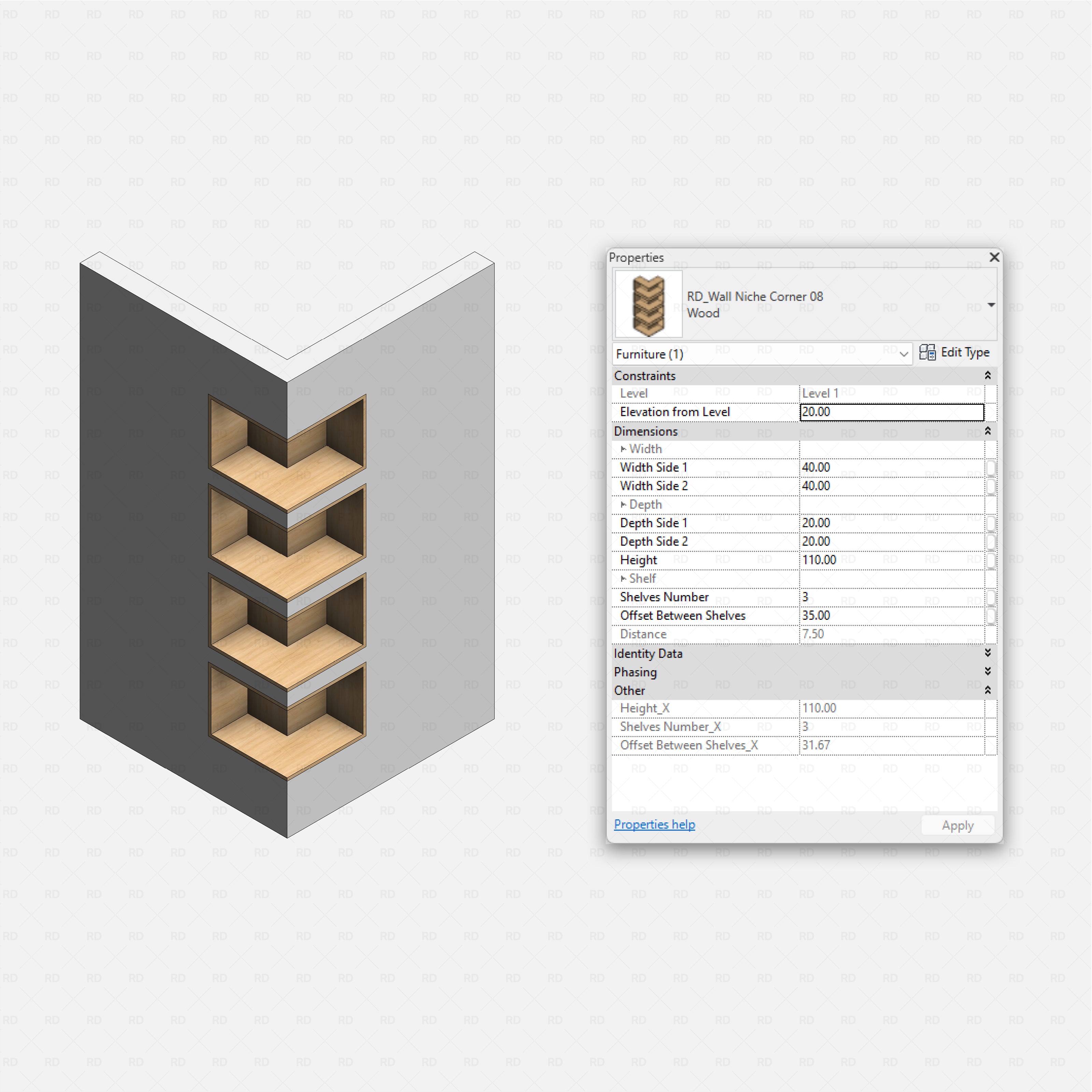 Revit Corner Wall Niches Pack RD Studio BIM blocks rfa, stepped L-shaped wooden corner niche with three offset shelves