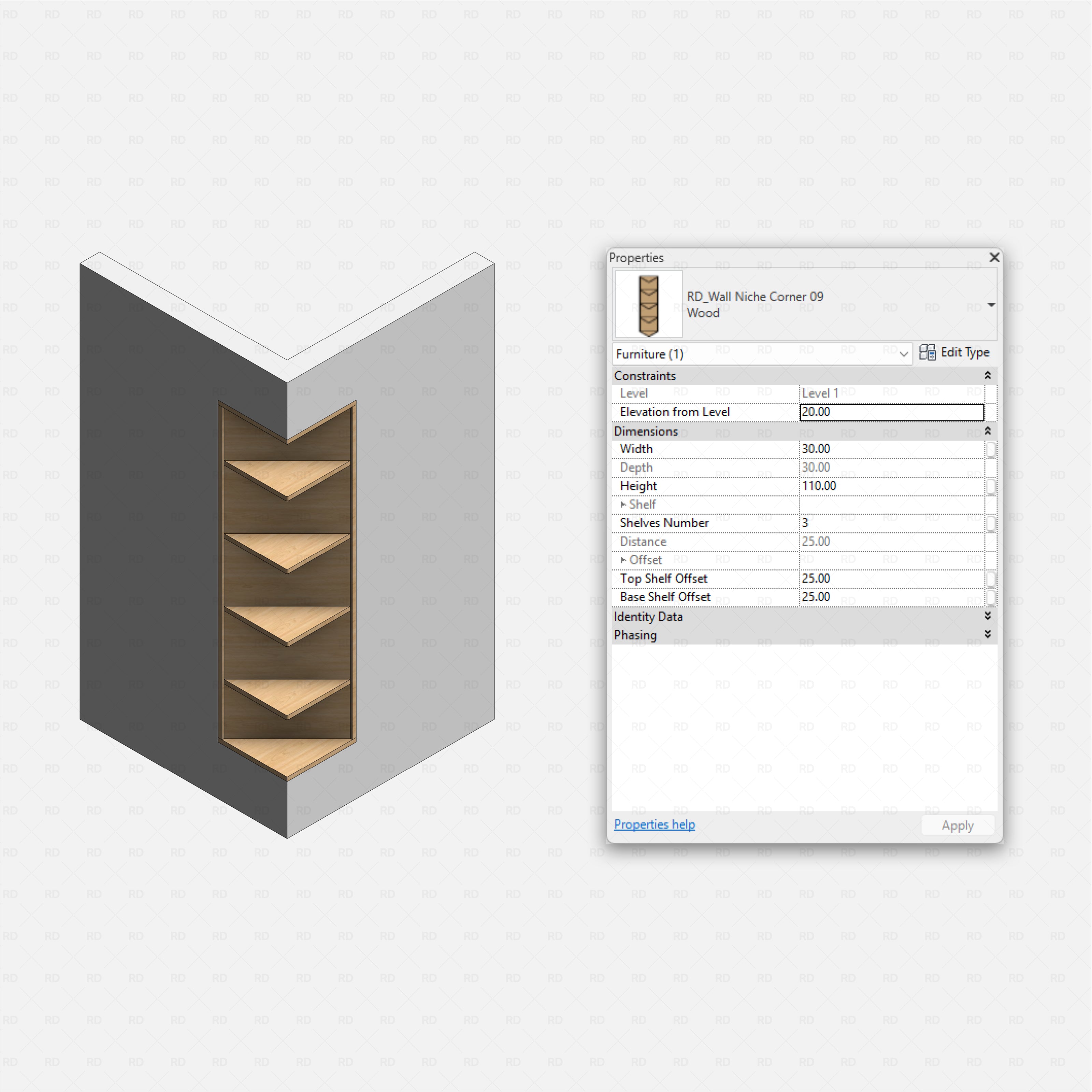 Revit Corner Wall Niches Pack RD Studio BIM blocks rfa, triangular wood corner wall niche with three shelves in angled wall