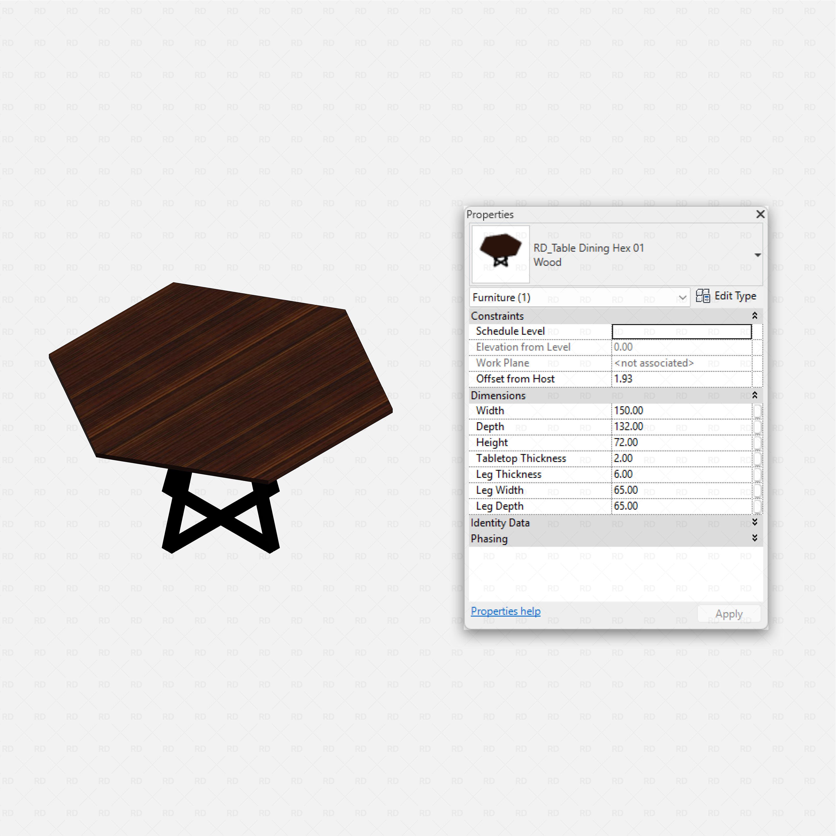 Revit dining tables pack RD Studio BIM blocks rfa - dark wood hexagonal dining table with crossed metal base