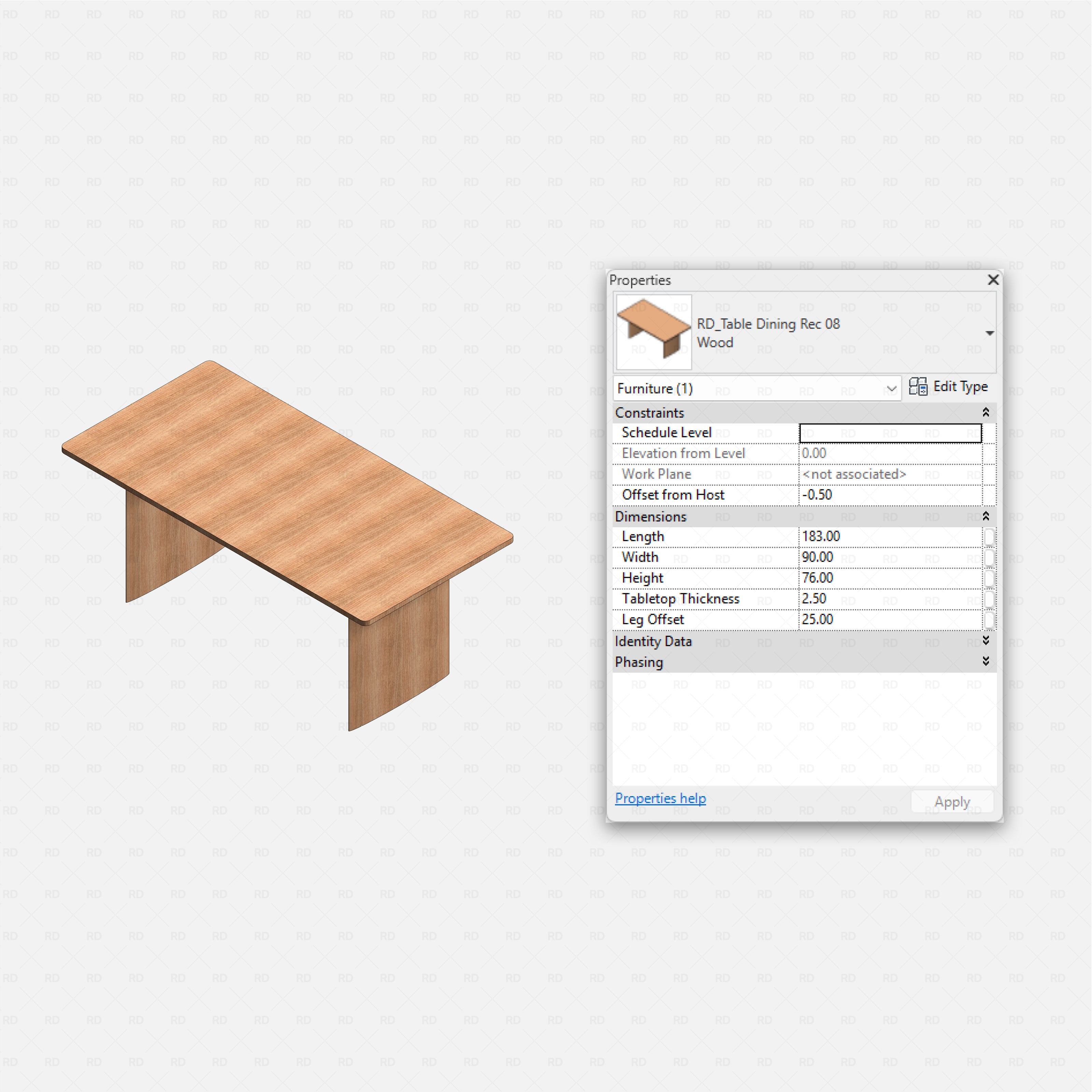 Revit dining tables pack RD Studio BIM blocks rfa, simple rectangular wood table with panel legs