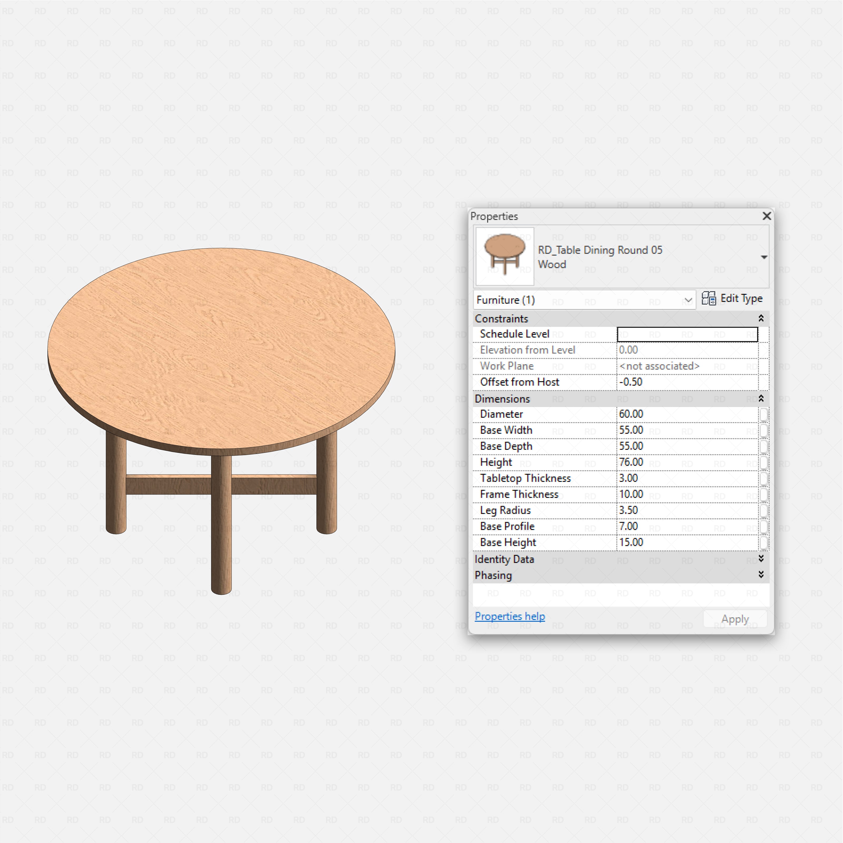 Revit dining tables pack RD Studio BIM blocks rfa, round wood dining table with four-leg frame