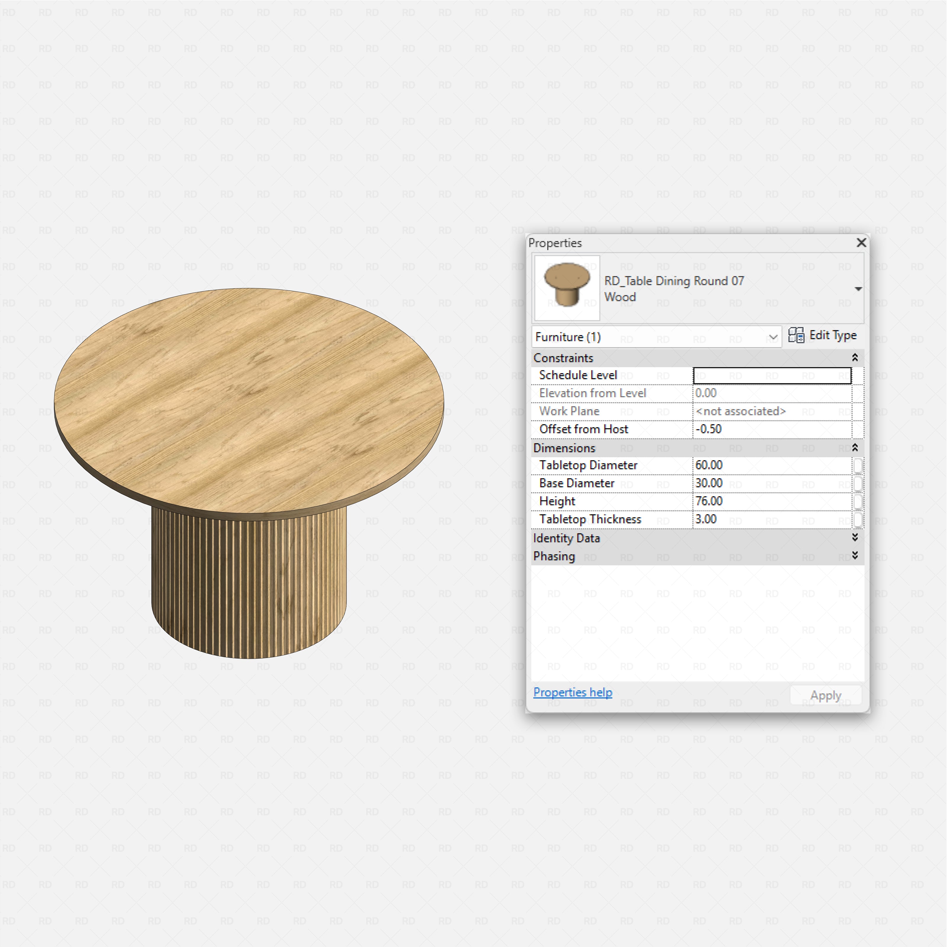 Revit dining tables pack RD Studio BIM blocks rfa, round oak table on fluted drum pedestal