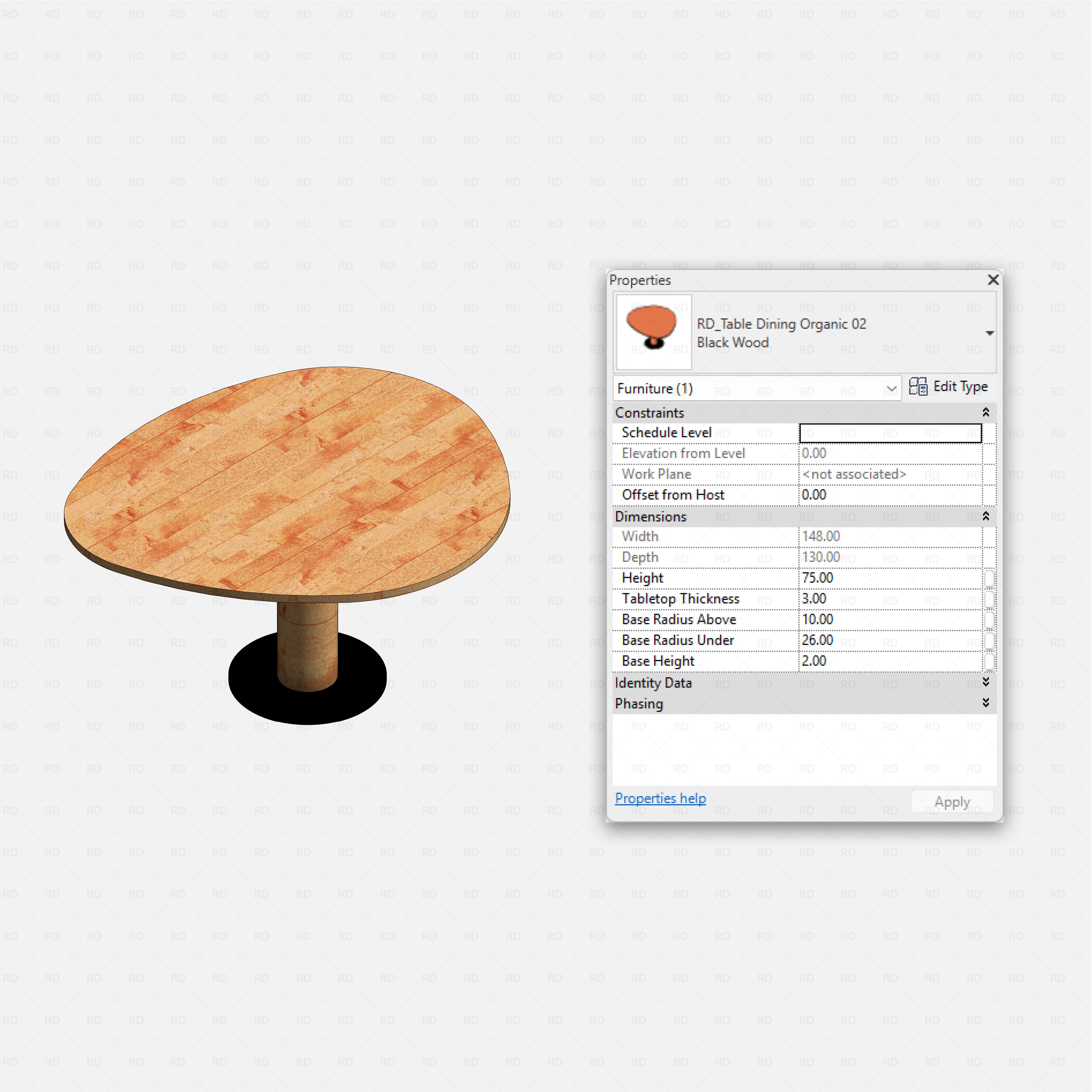 Revit dining tables pack RD Studio BIM blocks rfa - light wood organic round table on cylindrical pedestal base