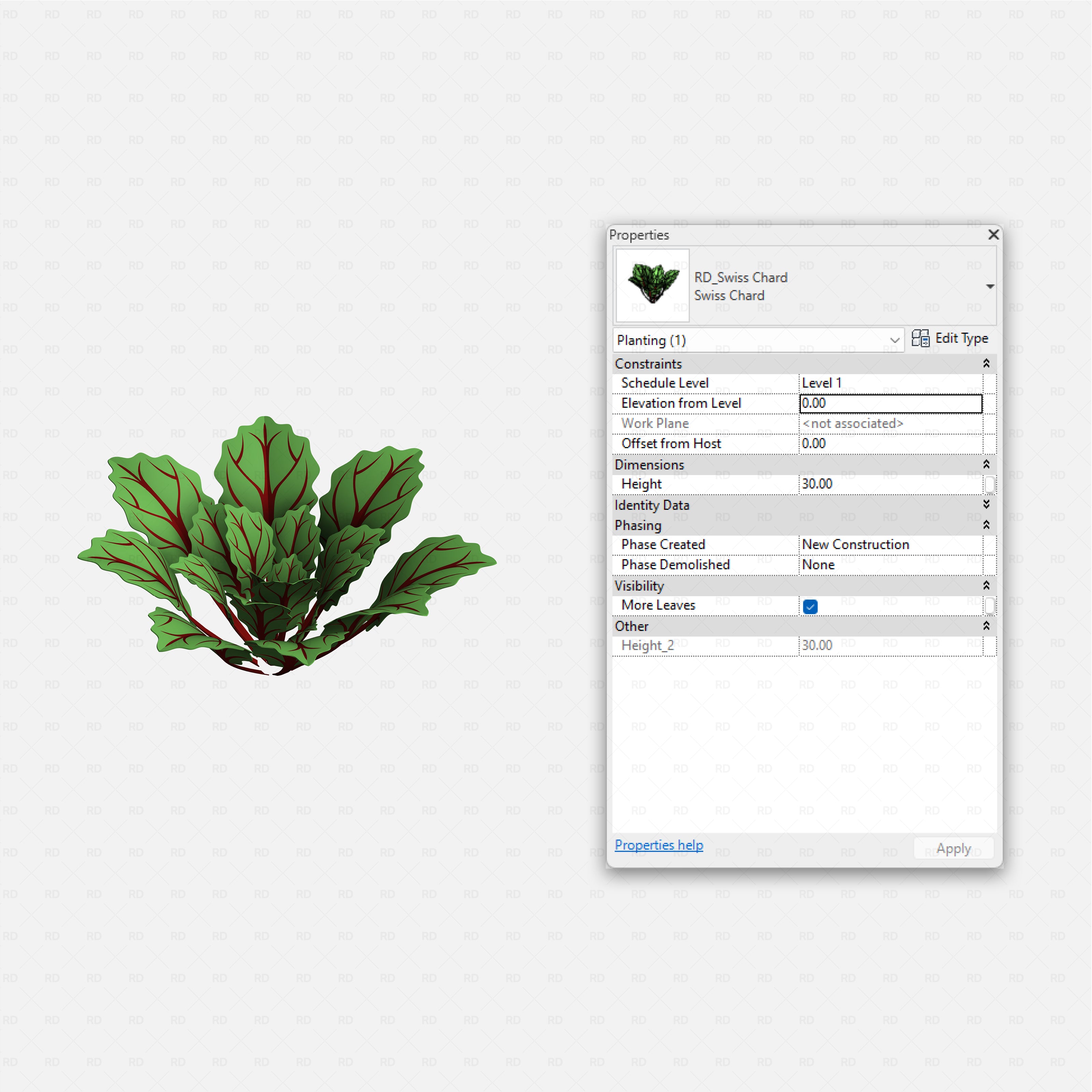Revit Greenhouse Plants - Edible Crops Pack RD Studio BIM blocks rfa swiss chard plant with colored stems for crop rows