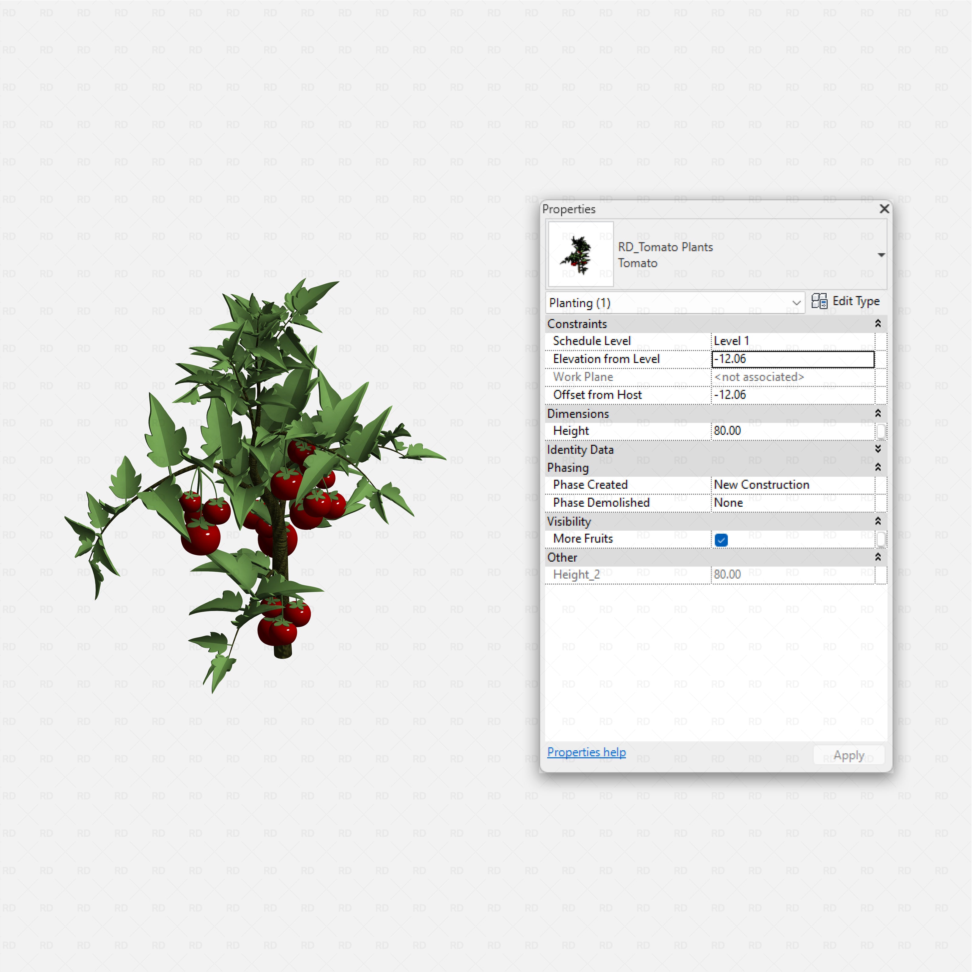 Revit Greenhouse Plants - Edible Crops Pack RD Studio BIM blocks rfa tomato plant family with red fruit for greenhouse beds