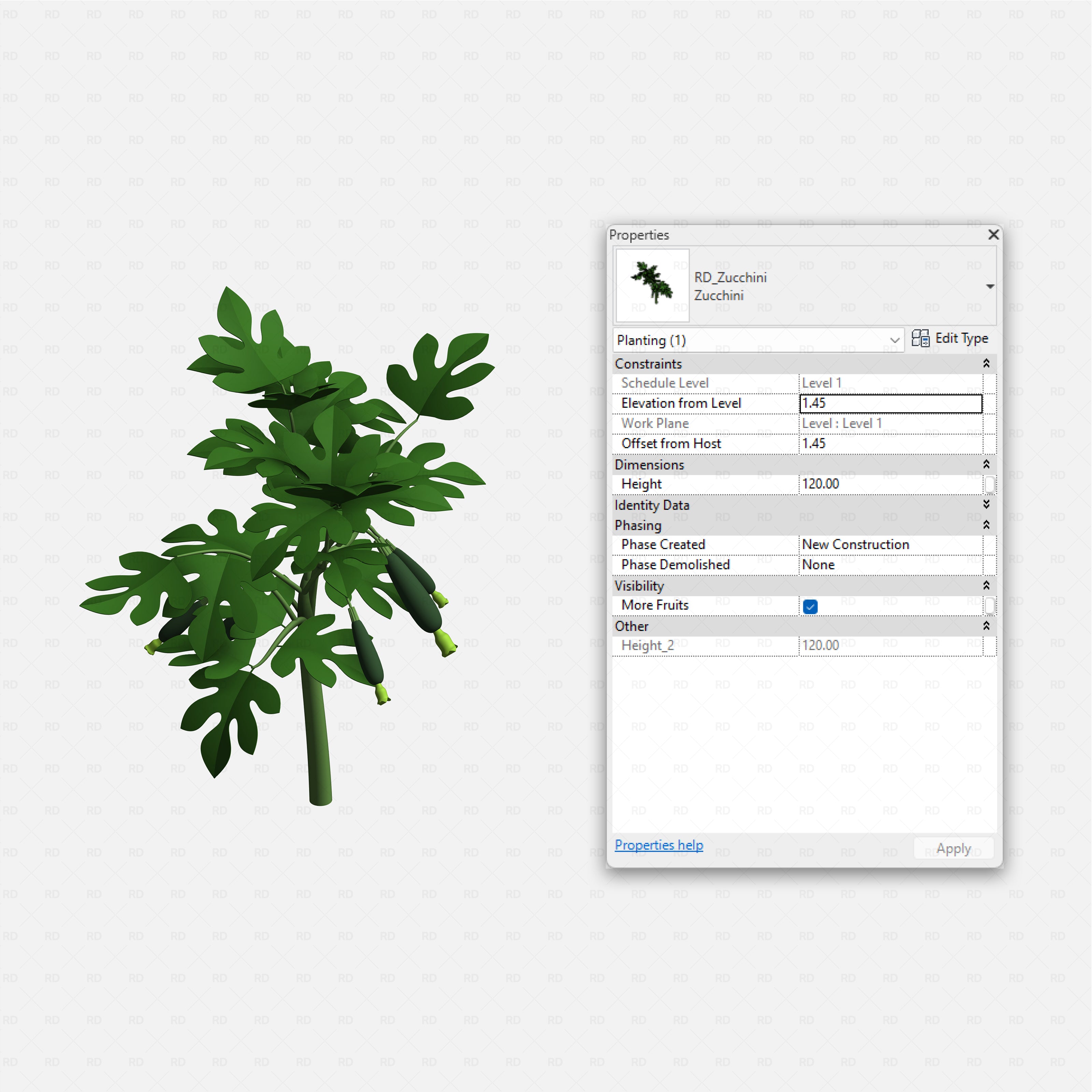 Revit Greenhouse Plants - Edible Crops Pack RD Studio BIM blocks rfa zucchini plant family with tall foliage and hanging fruits