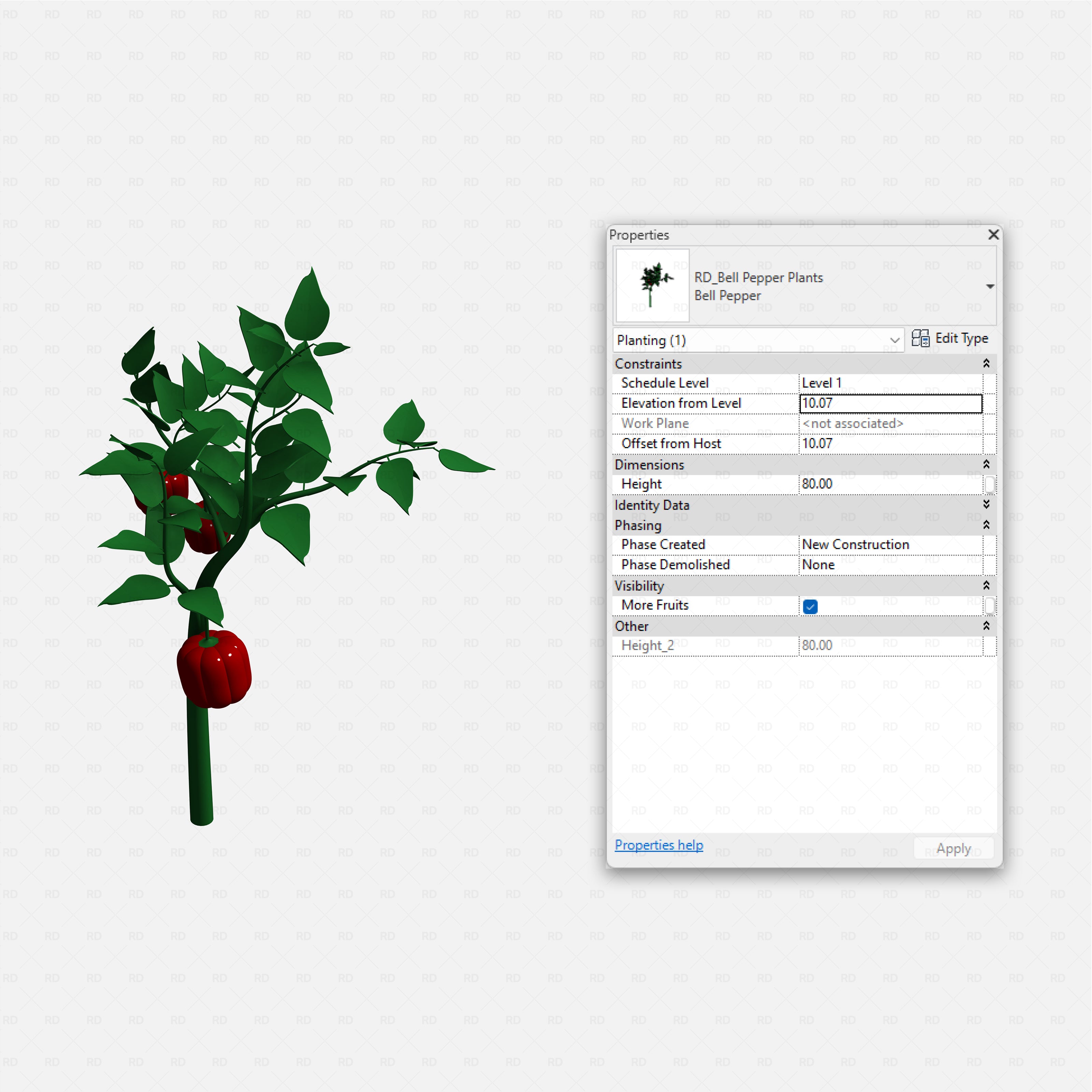 Revit Greenhouse Plants - Edible Crops Pack RD Studio BIM blocks rfa bell pepper plant with red fruits for indoor gardens