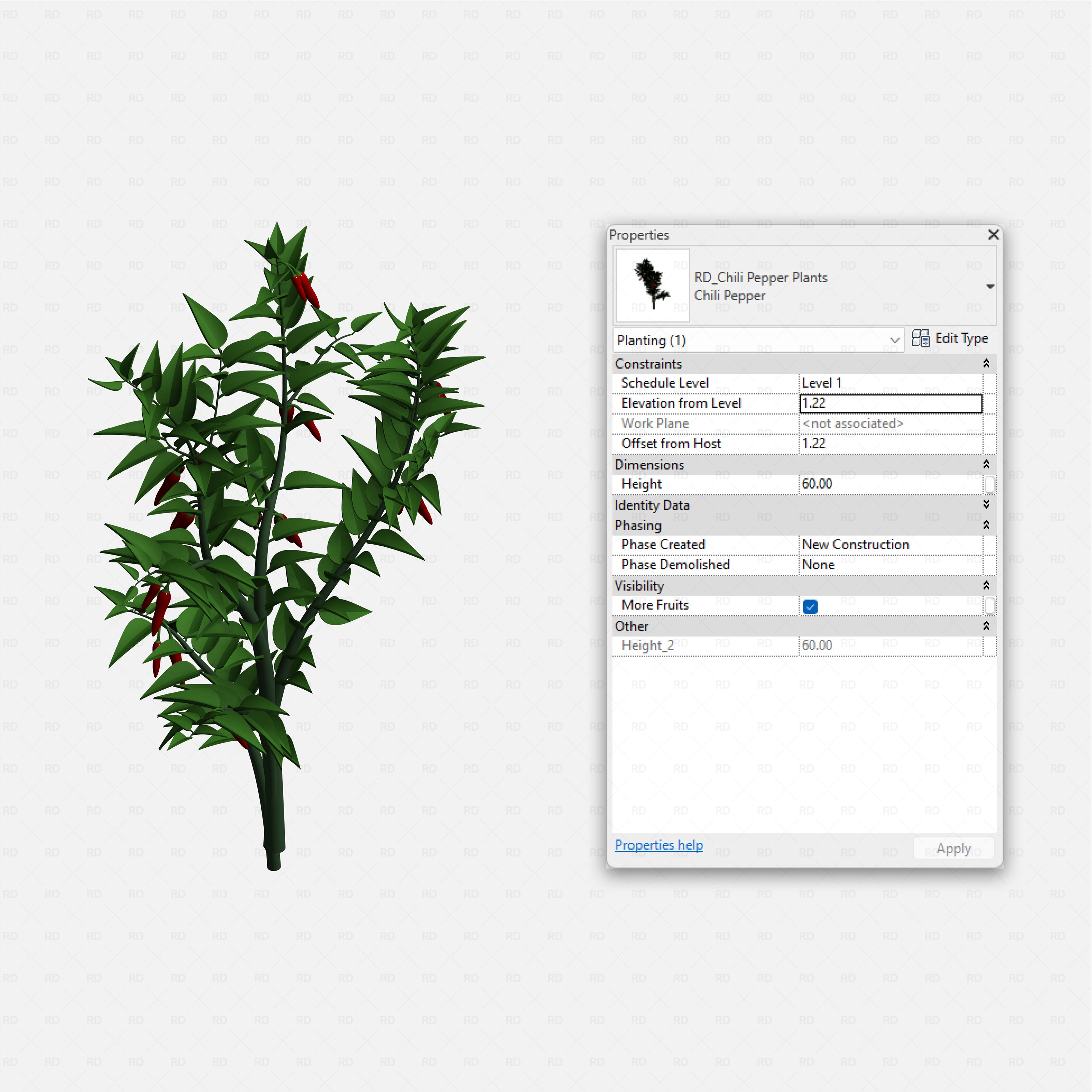 Revit Greenhouse Plants - Edible Crops Pack RD Studio BIM blocks rfa chili pepper plant with hanging red pods for plans