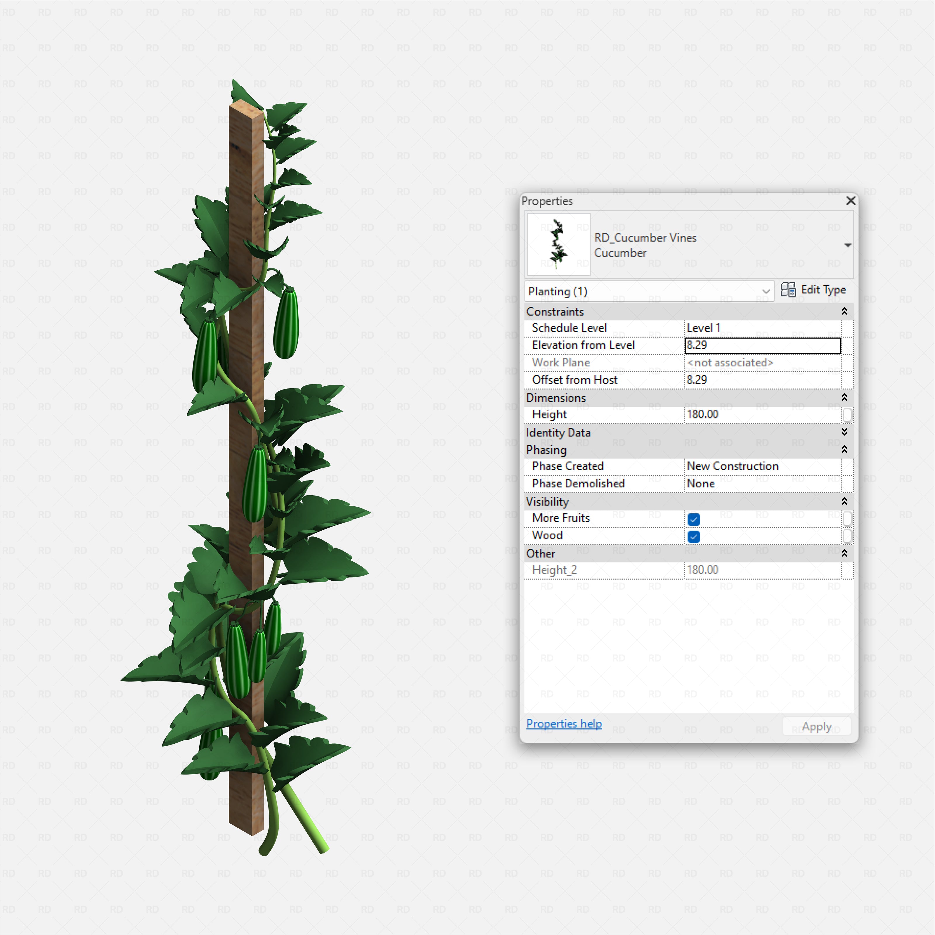 Revit Greenhouse Plants - Edible Crops Pack RD Studio BIM blocks rfa cucumber vines on vertical support for greenhouse rows