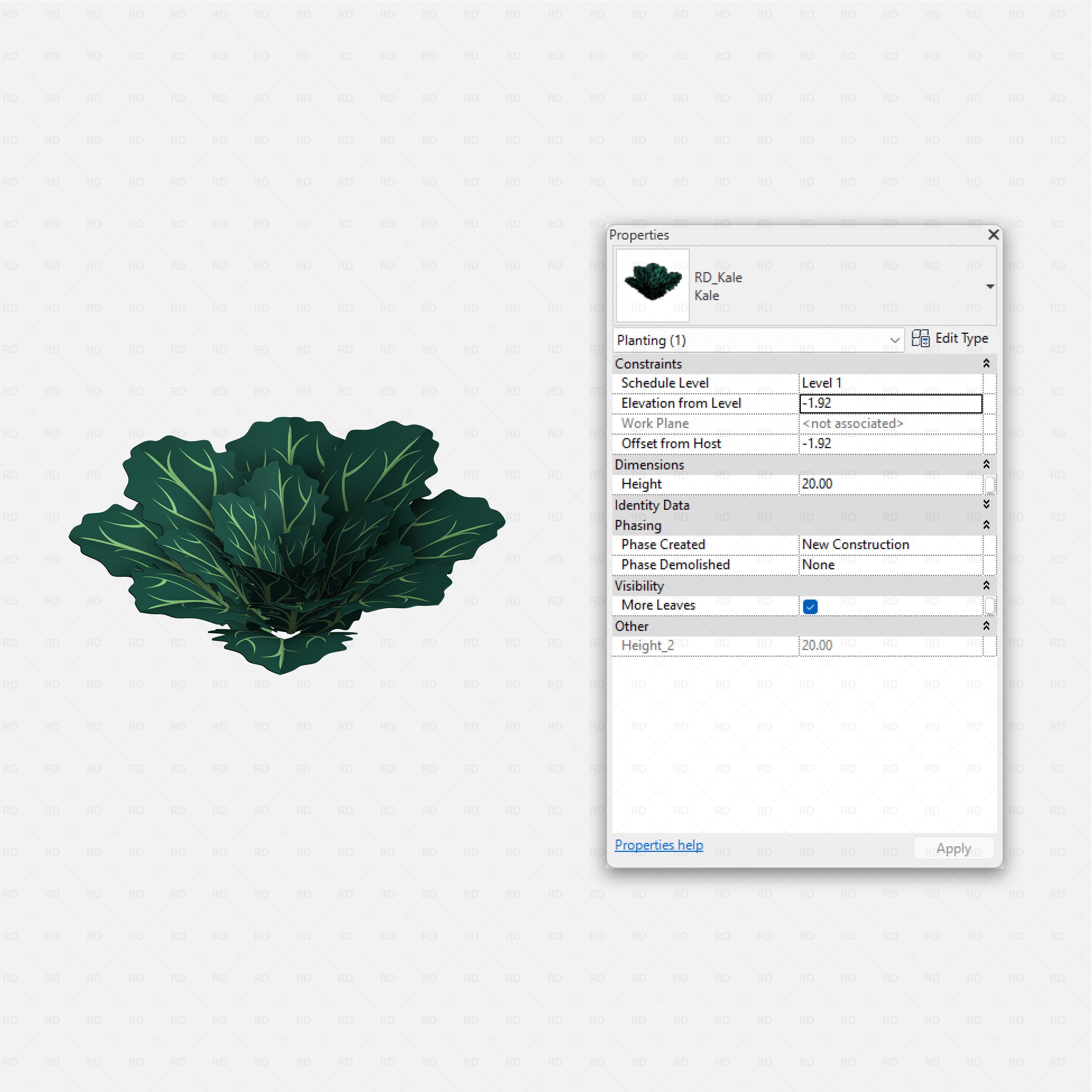 Revit Greenhouse Plants - Edible Crops Pack RD Studio BIM blocks rfa kale rosette with dense leaves for edible beds