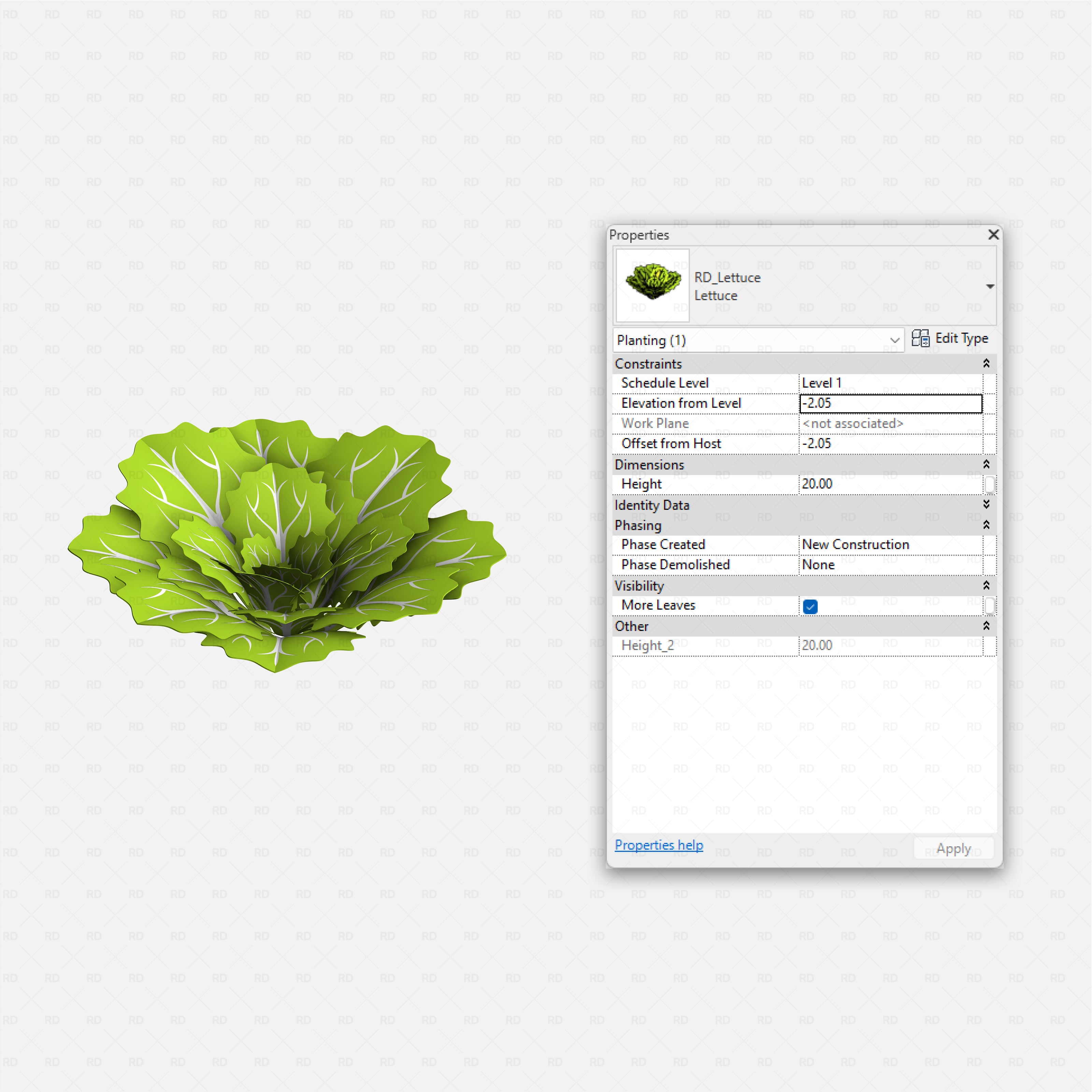 Revit Greenhouse Plants - Edible Crops Pack RD Studio BIM blocks rfa lettuce head with layered leaves for planting layouts