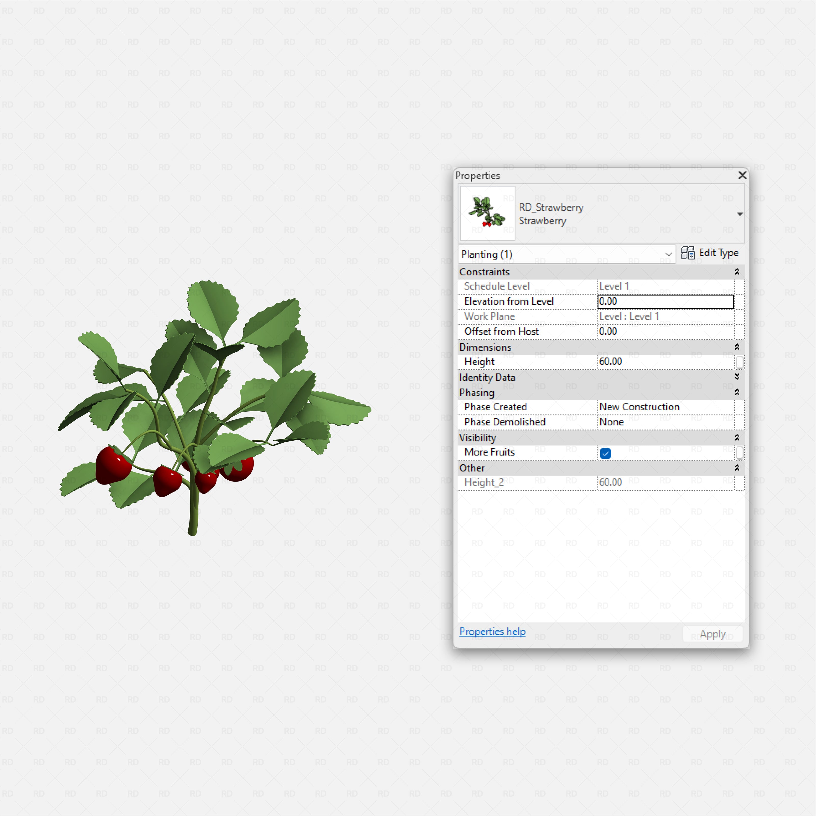 Revit Greenhouse Plants - Edible Crops Pack RD Studio BIM blocks rfa strawberry plant with red berries for greenhouse pots