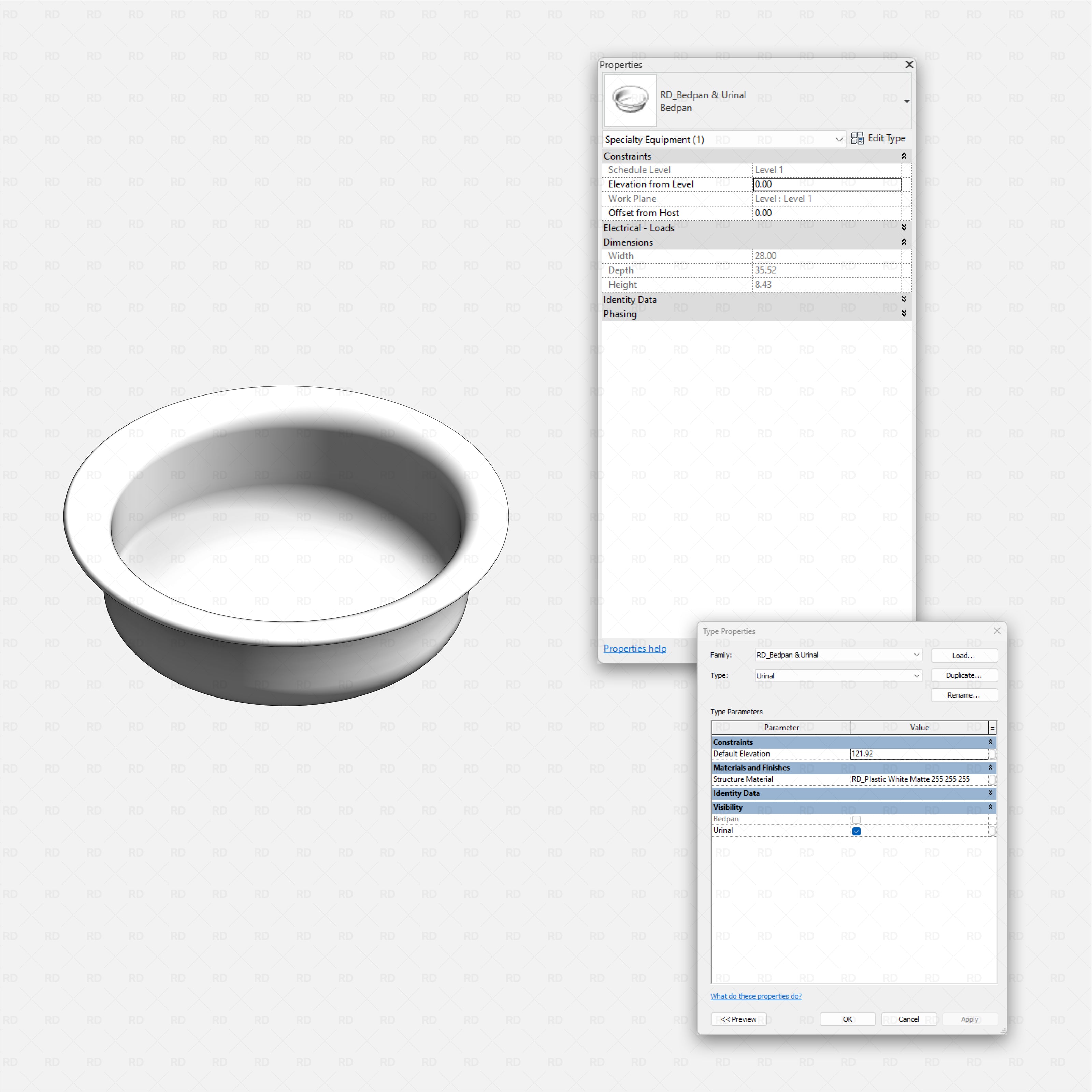 Revit Hospital Furniture and Medical Equipment RD Studio BIM blocks rfa 3D bedpan family with Revit properties dialog