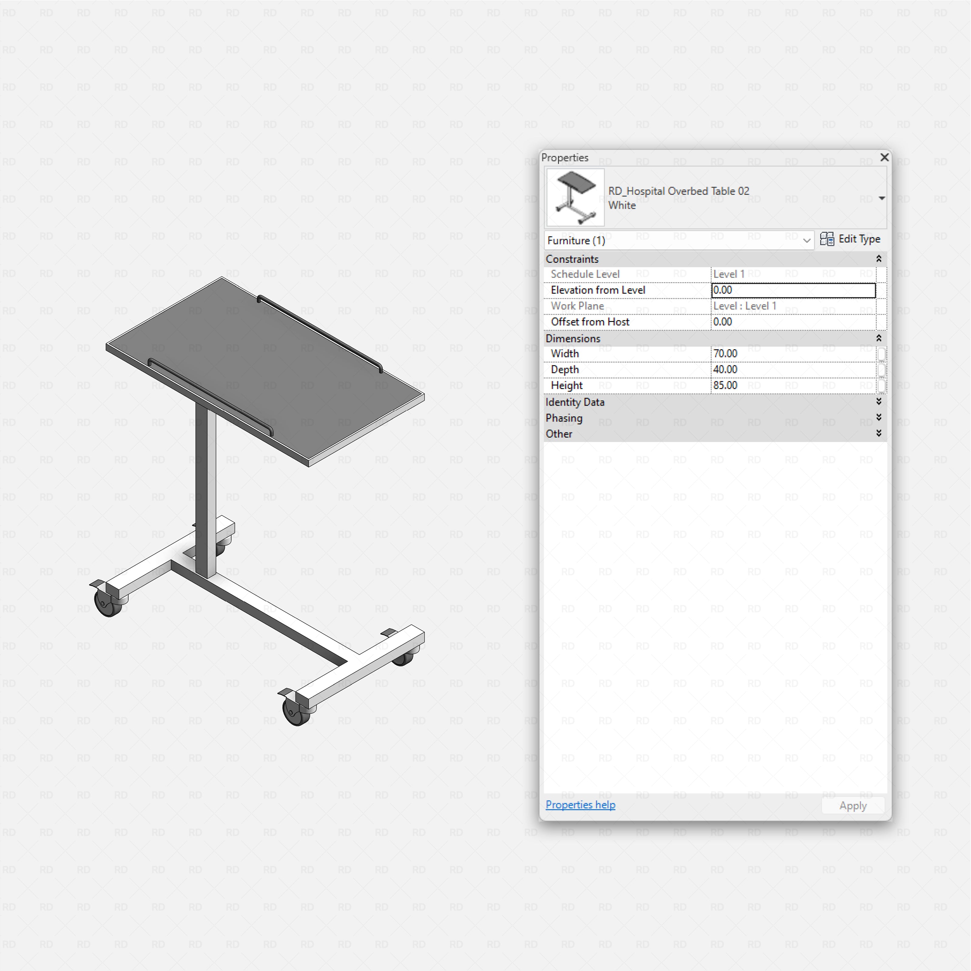 Revit Hospital Furniture and Medical Equipment RD Studio BIM blocks rfa tilting overbed table with raised tablet edge