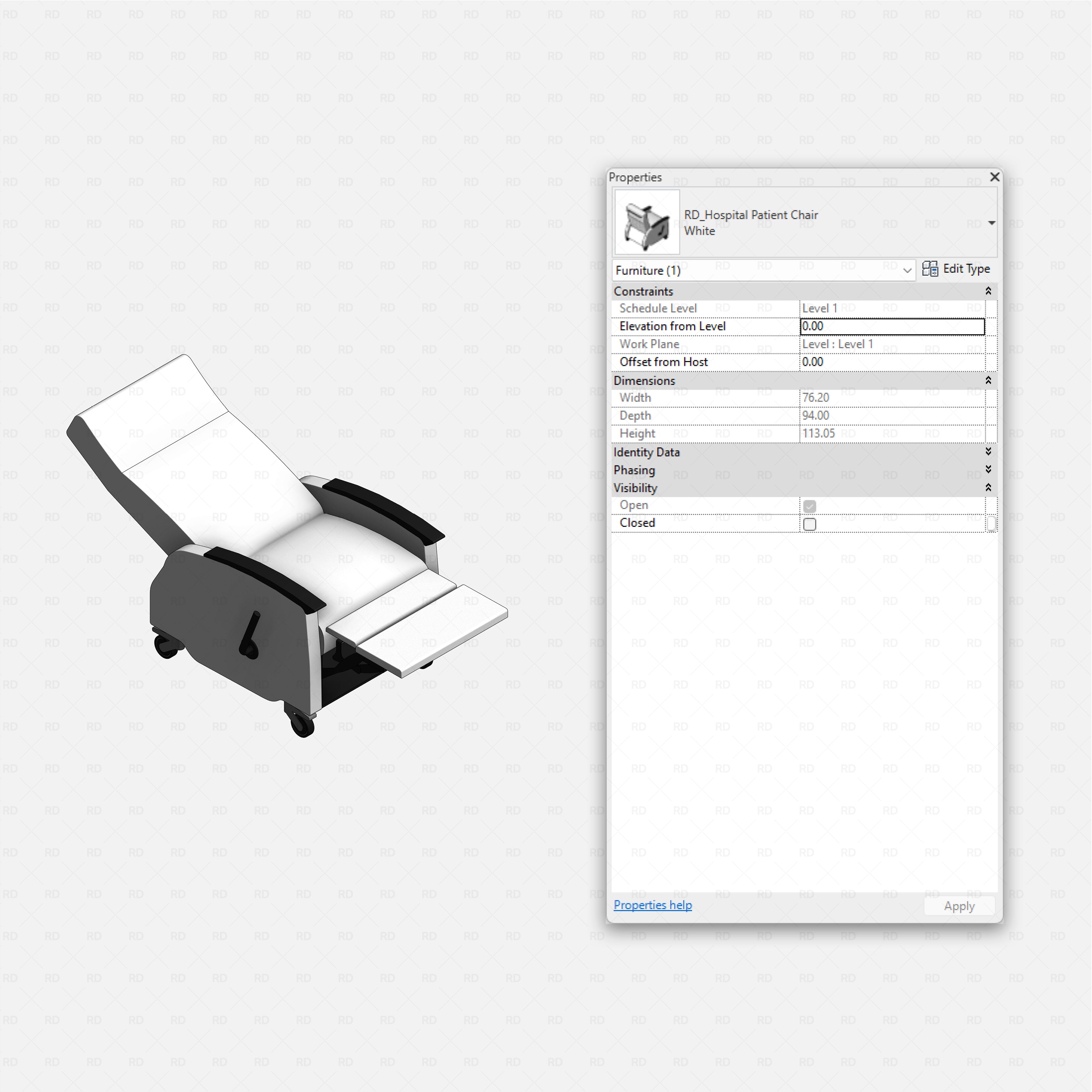 Revit Hospital Furniture and Medical Equipment RD Studio BIM blocks rfa reclining hospital patient chair with leg support