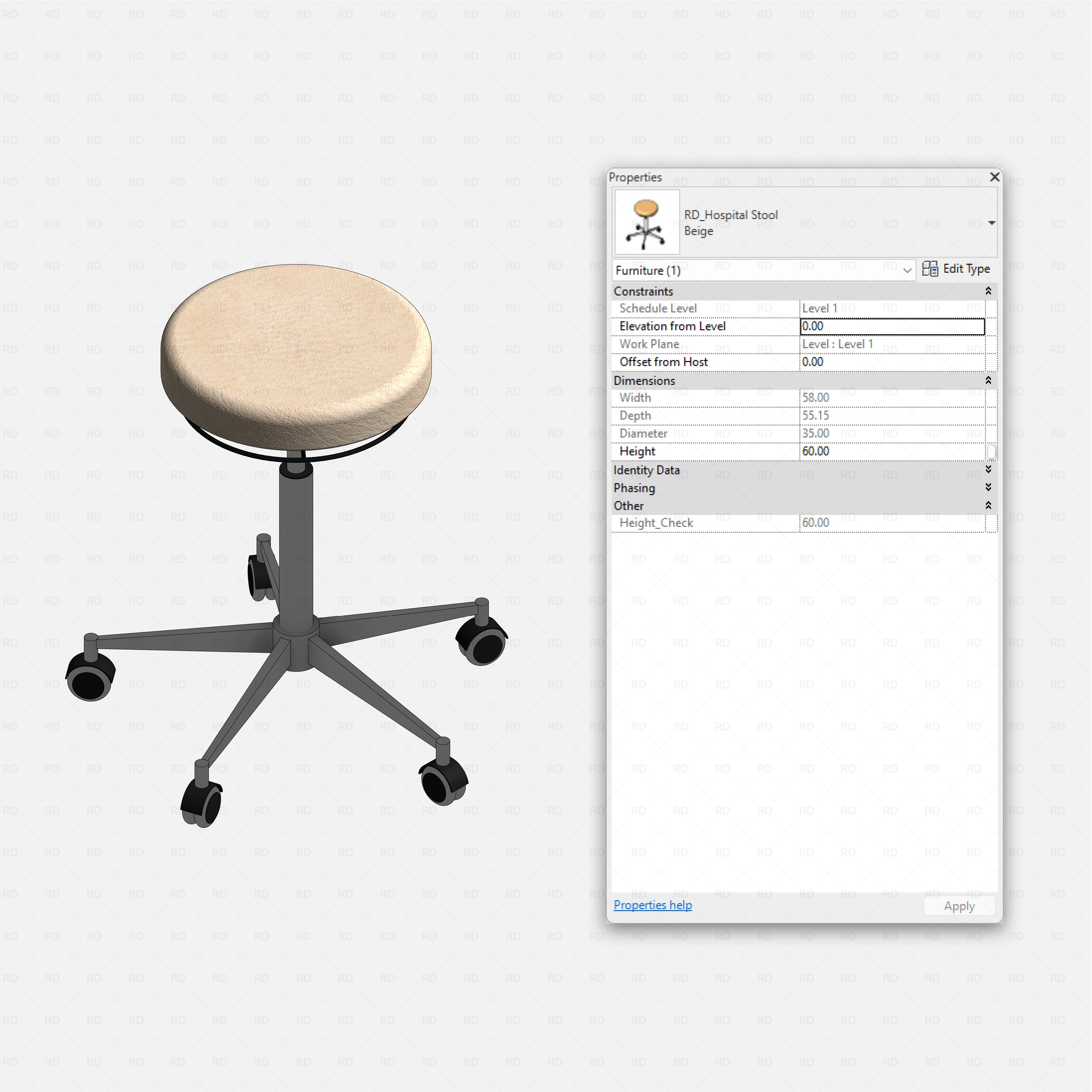 Revit Hospital Furniture and Medical Equipment RD Studio BIM blocks rfa round upholstered stool on five leg caster base