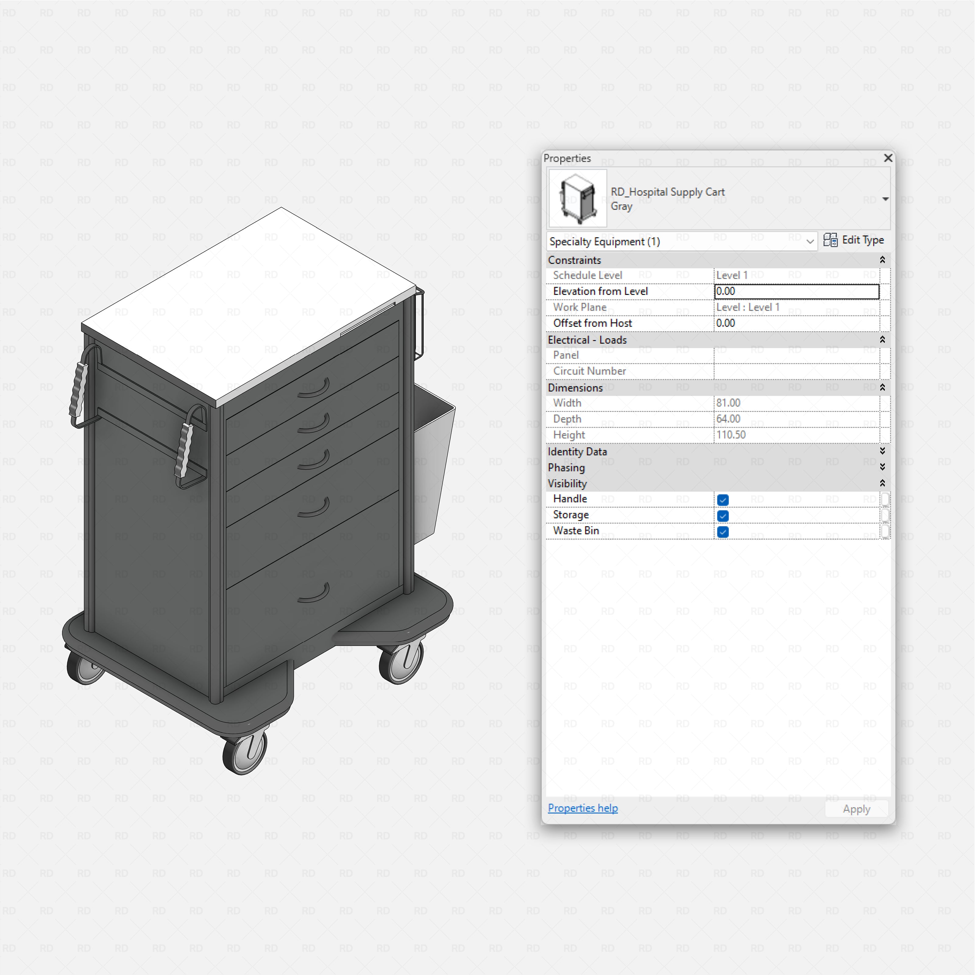 Revit Hospital Furniture and Medical Equipment RD Studio BIM blocks rfa mobile supply cart with drawers and side waste bin