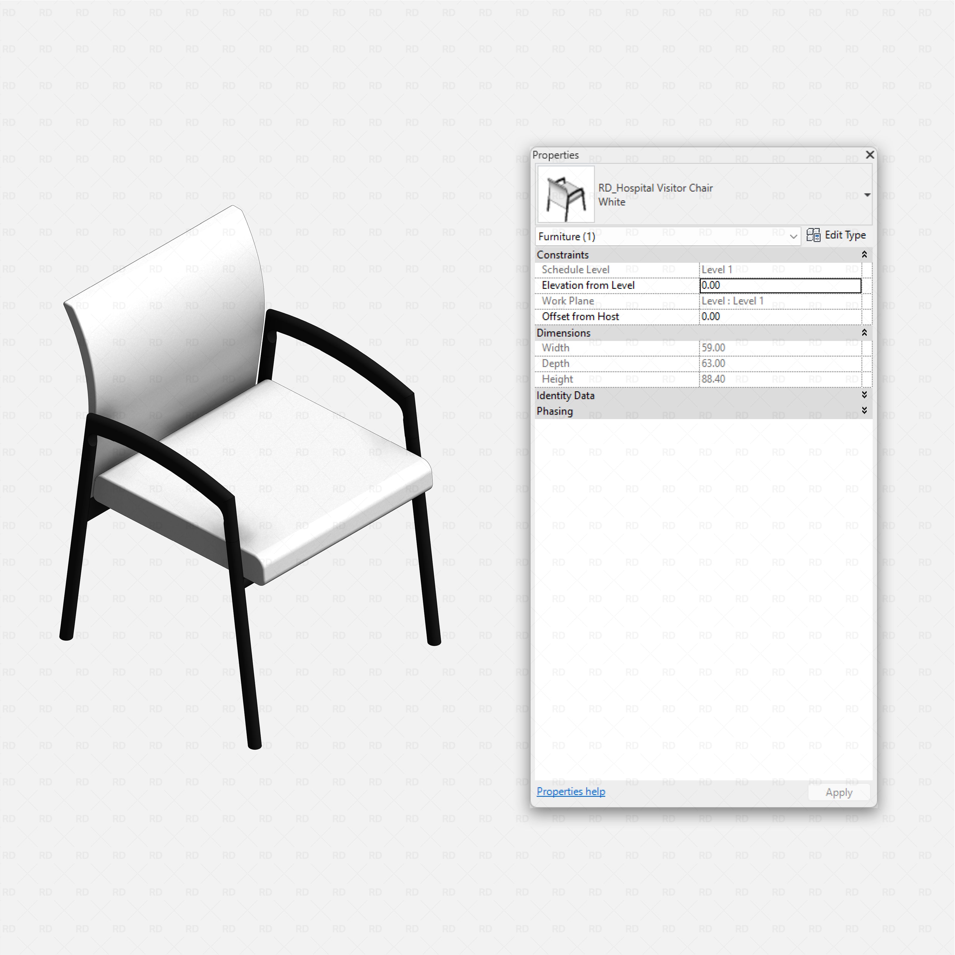 Revit Hospital Furniture and Medical Equipment RD Studio BIM blocks rfa single hospital visitor chair with padded seat