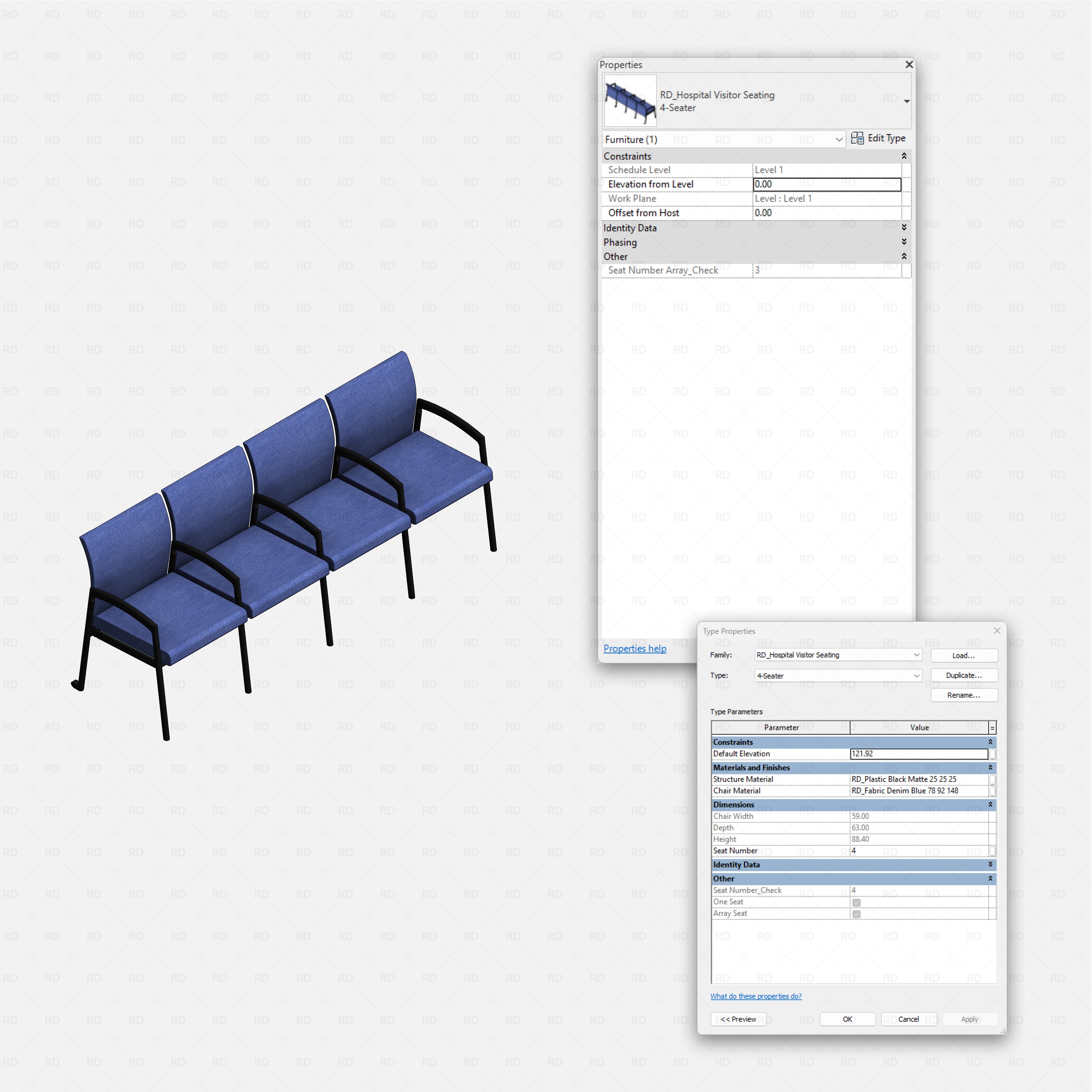 Revit Hospital Furniture and Medical Equipment RD Studio BIM blocks rfa four seat visitor beam seating with blue upholstery