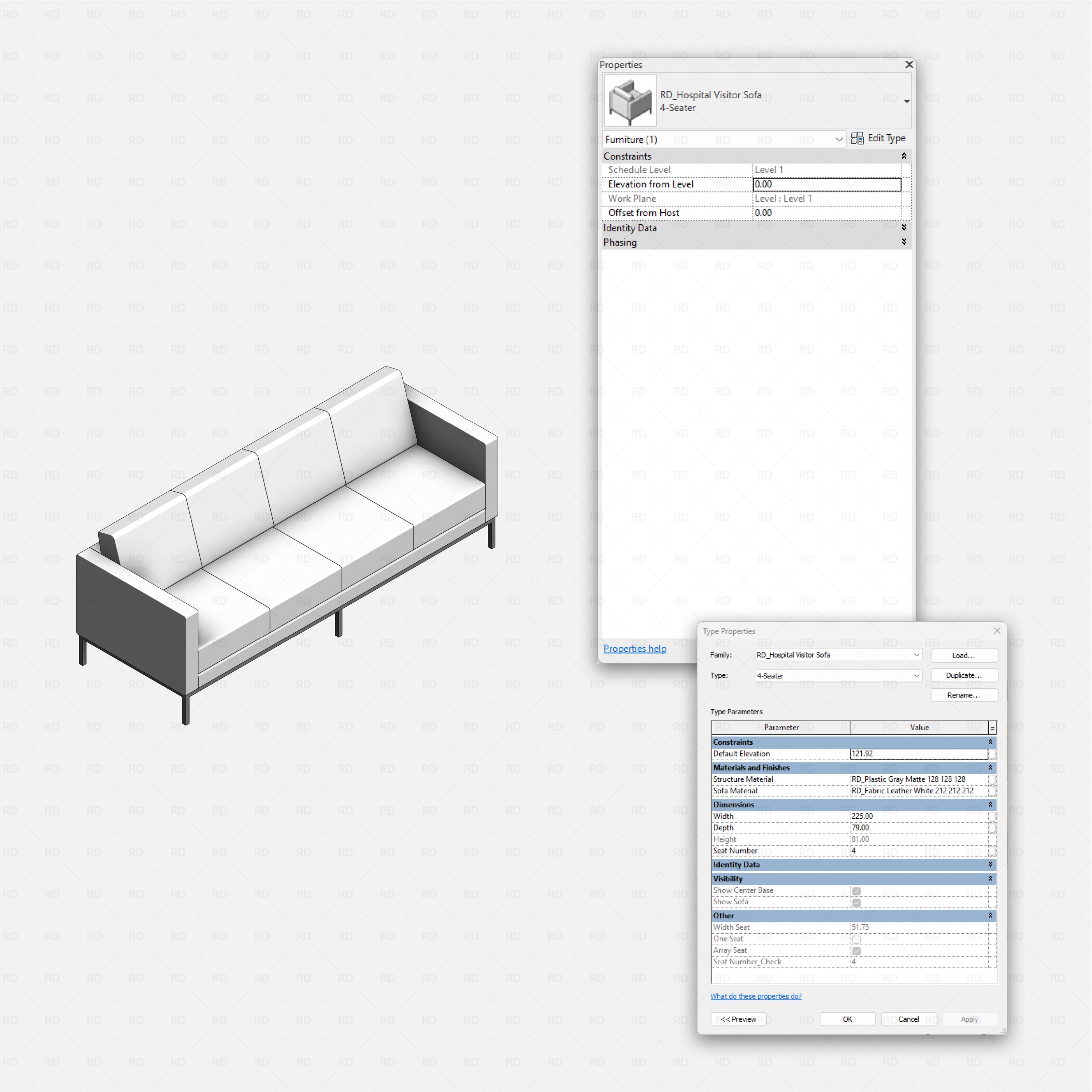Revit Hospital Furniture and Medical Equipment RD Studio BIM blocks rfa four seat visitor sofa with slim metal base
