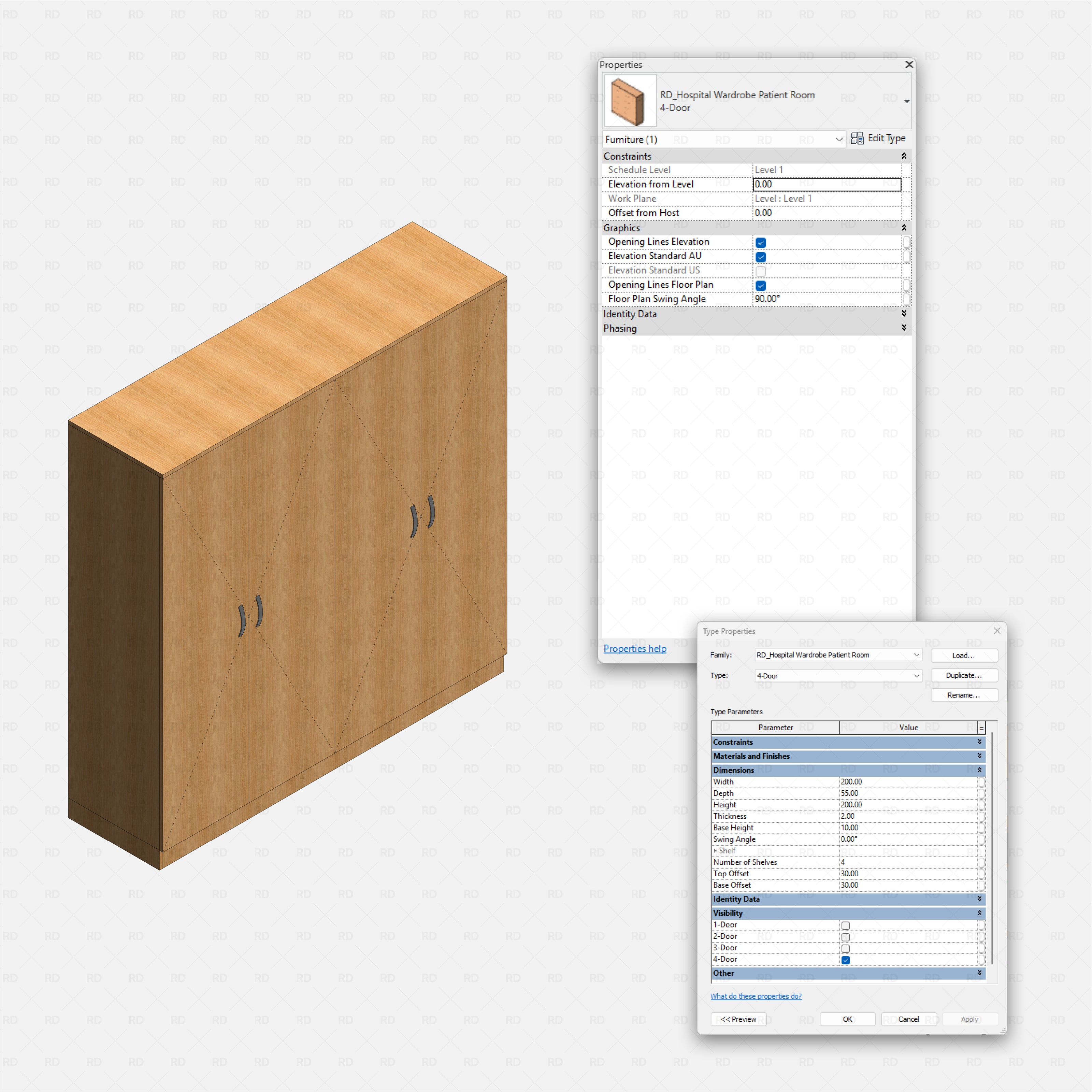Revit Hospital Furniture and Medical Equipment RD Studio BIM blocks rfa wardrobe cabinet for patient room with four doors