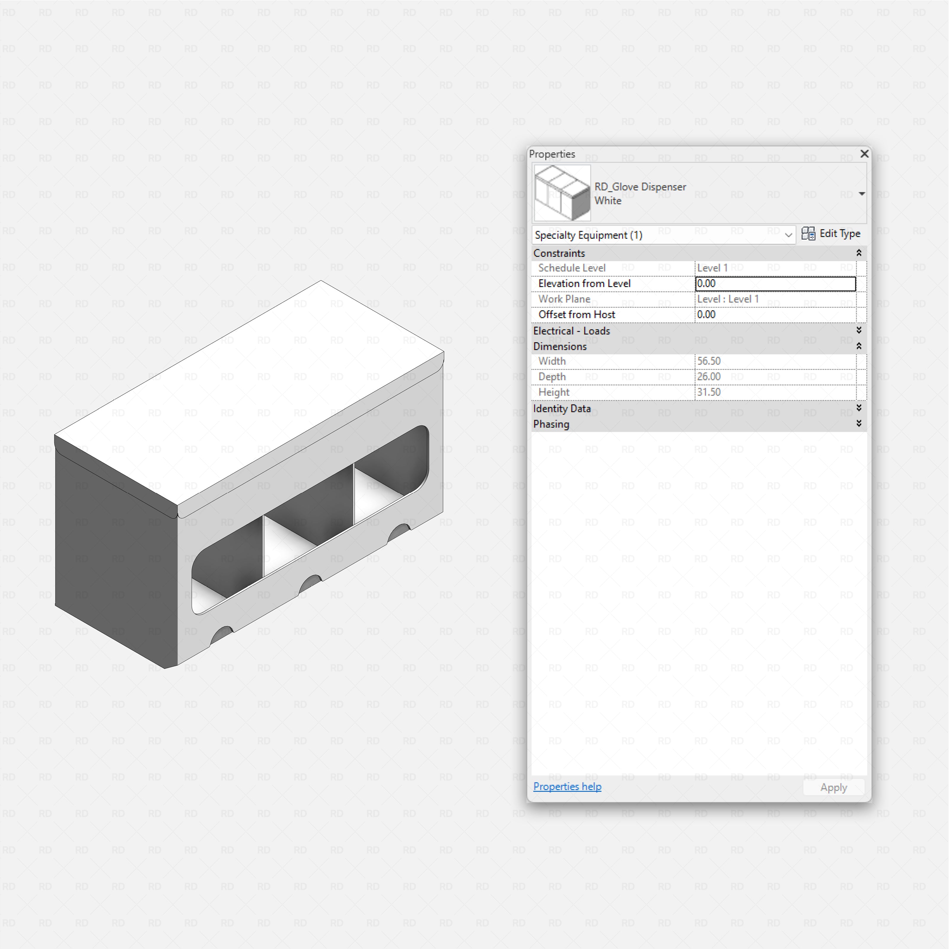 Revit Hospital Furniture and Medical Equipment RD Studio BIM blocks rfa three slot wall glove dispenser specialty equipment