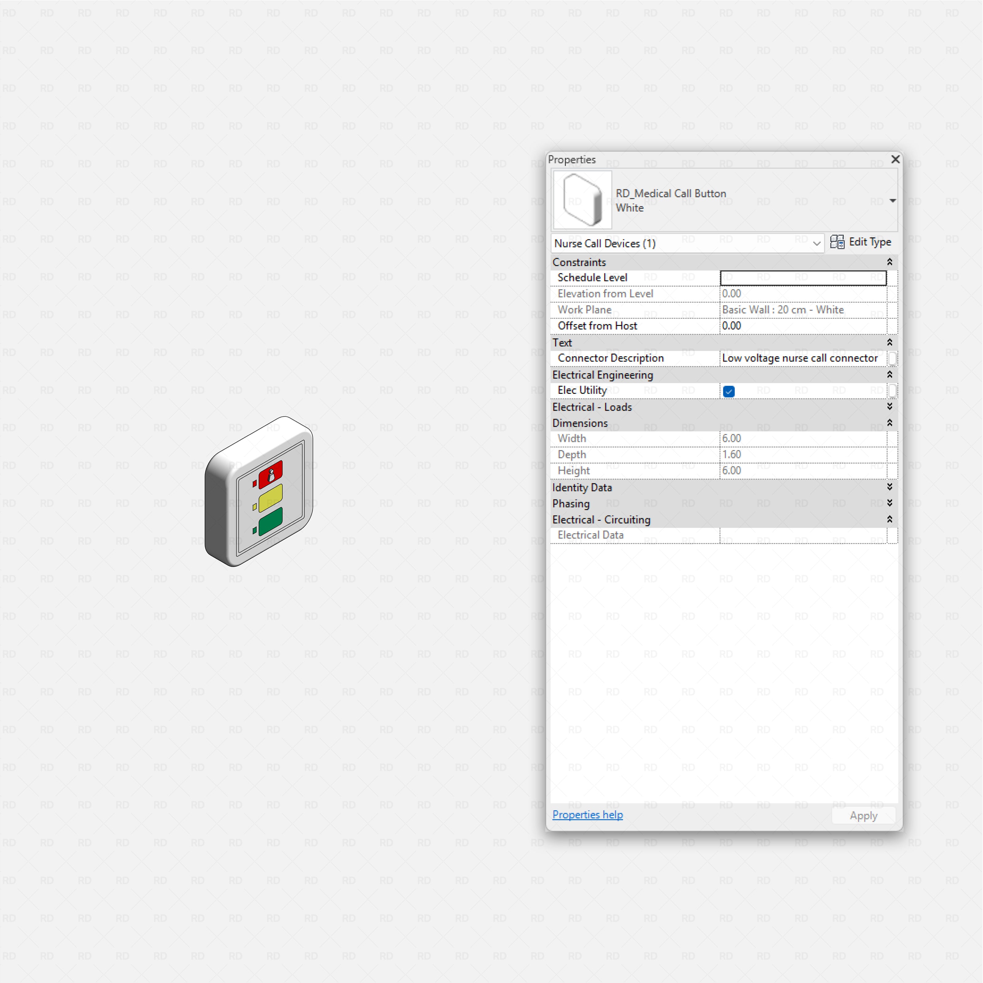 Revit Hospital Furniture and Medical Equipment RD Studio BIM blocks rfa nurse call wall button device with status lights