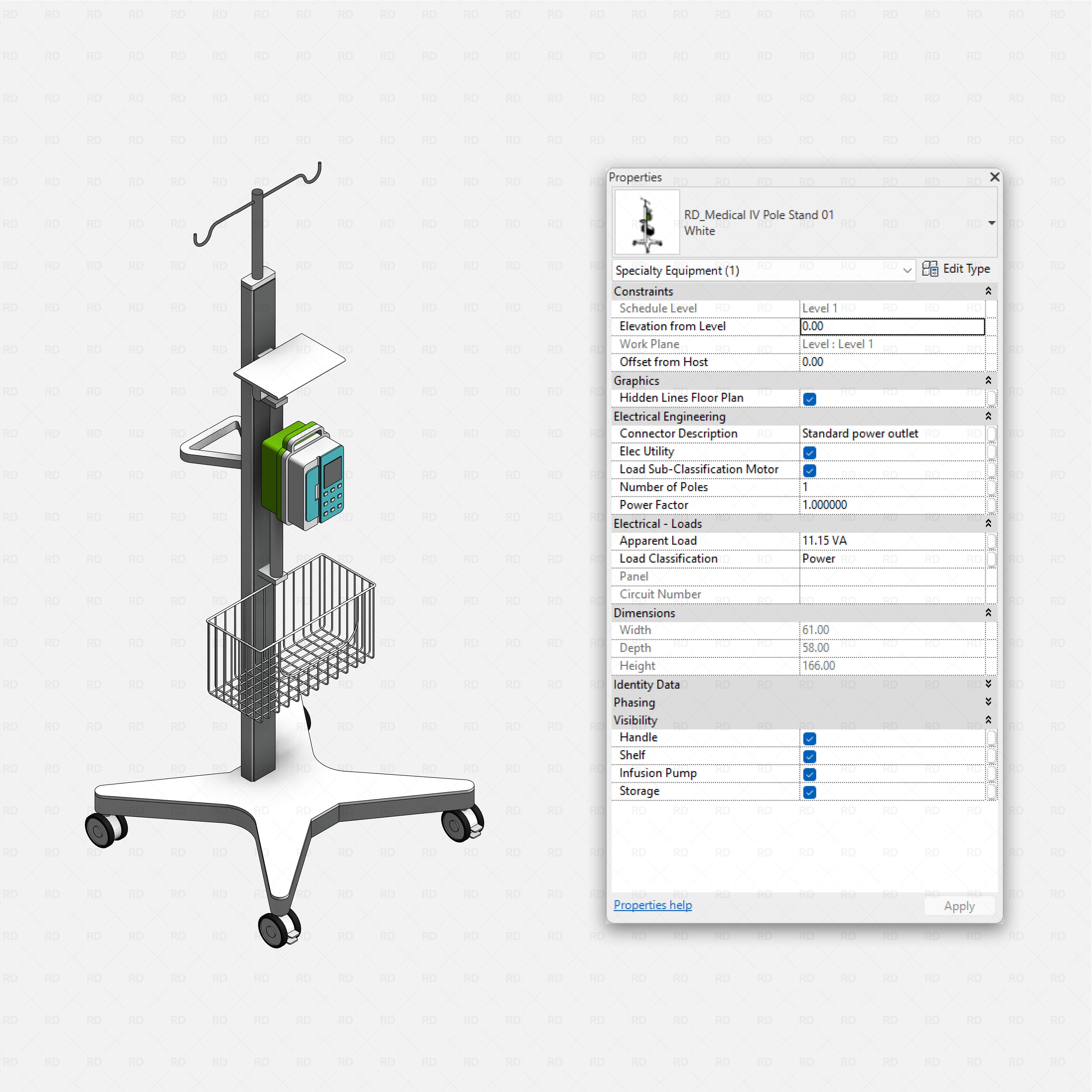 Revit Hospital Furniture and Medical Equipment RD Studio BIM blocks rfa mobile IV pole stand with infusion pump and basket