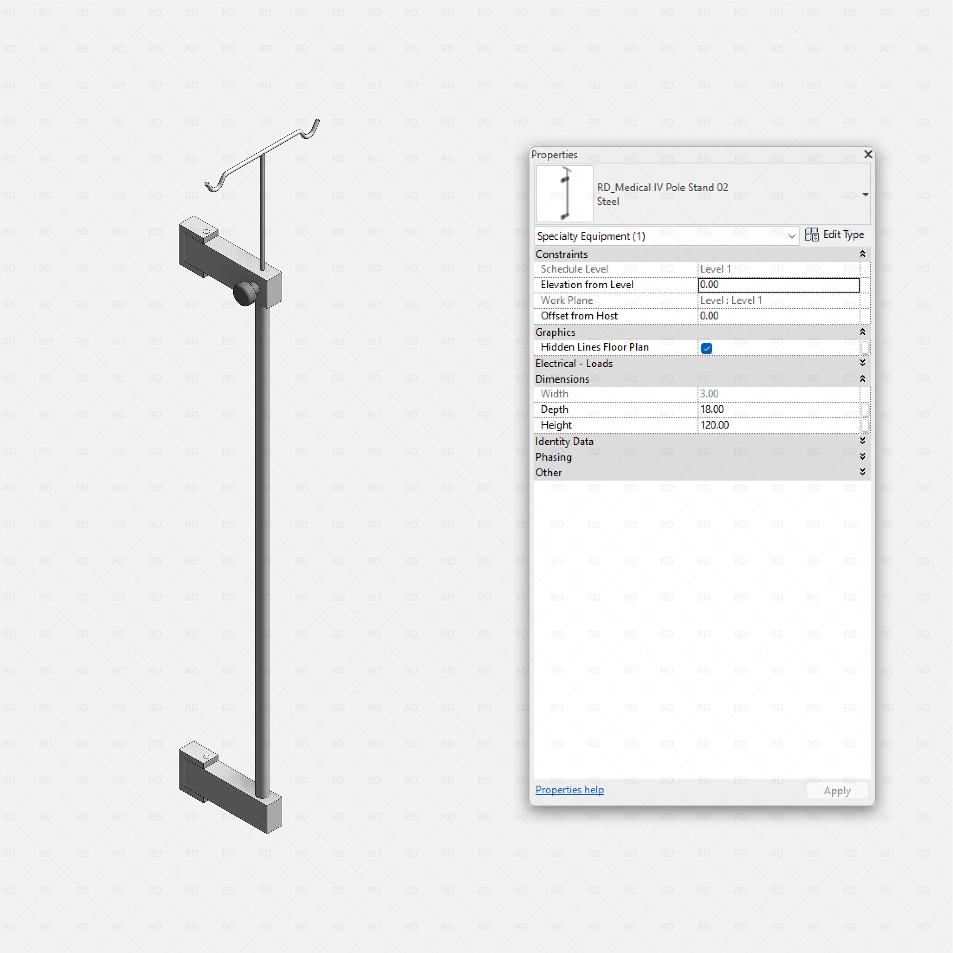 Revit Hospital Furniture and Medical Equipment RD Studio BIM blocks rfa floor mounted IV pole stand with wheeled base