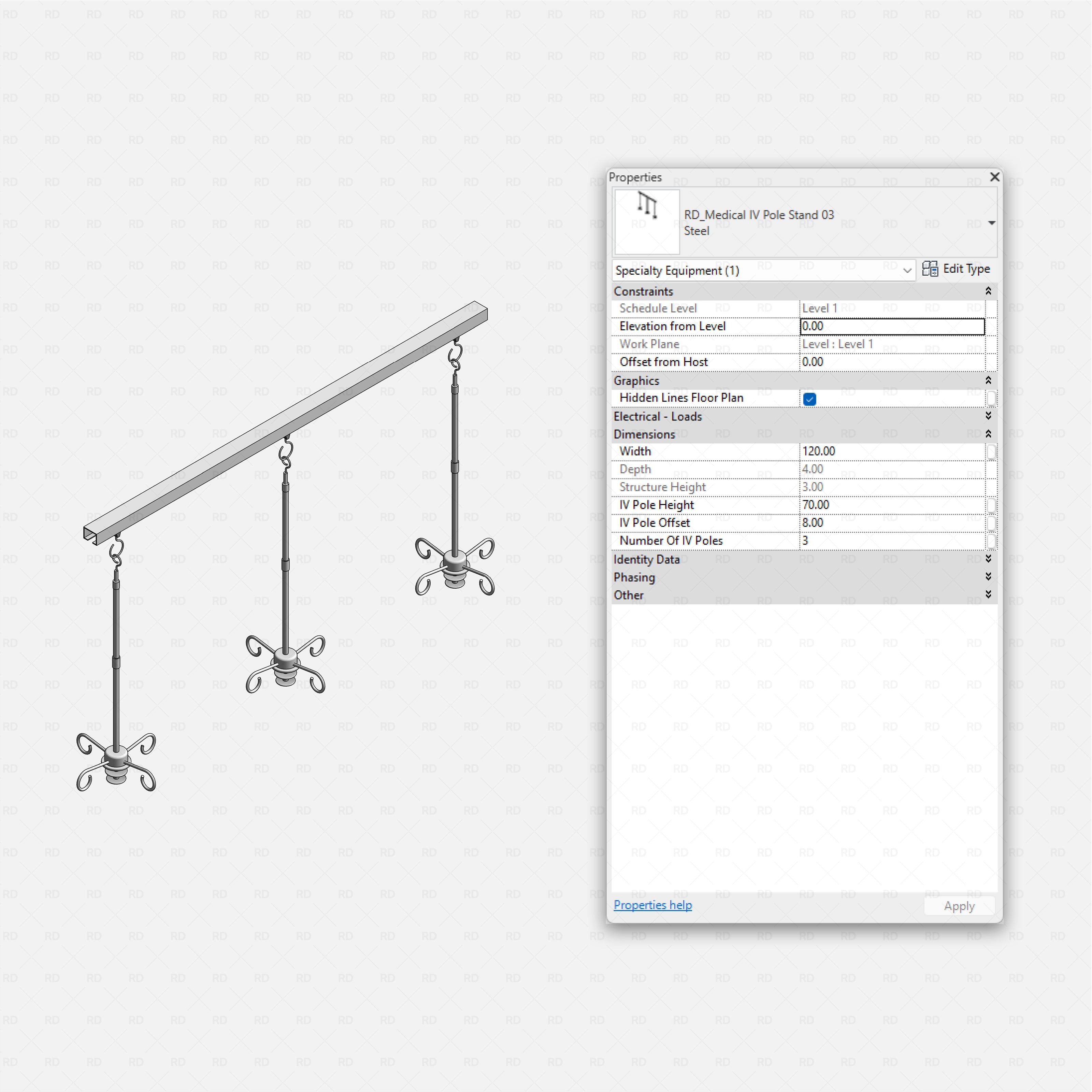 Revit Hospital Furniture and Medical Equipment RD Studio BIM blocks rfa ceiling track IV pole system with three hanging poles
