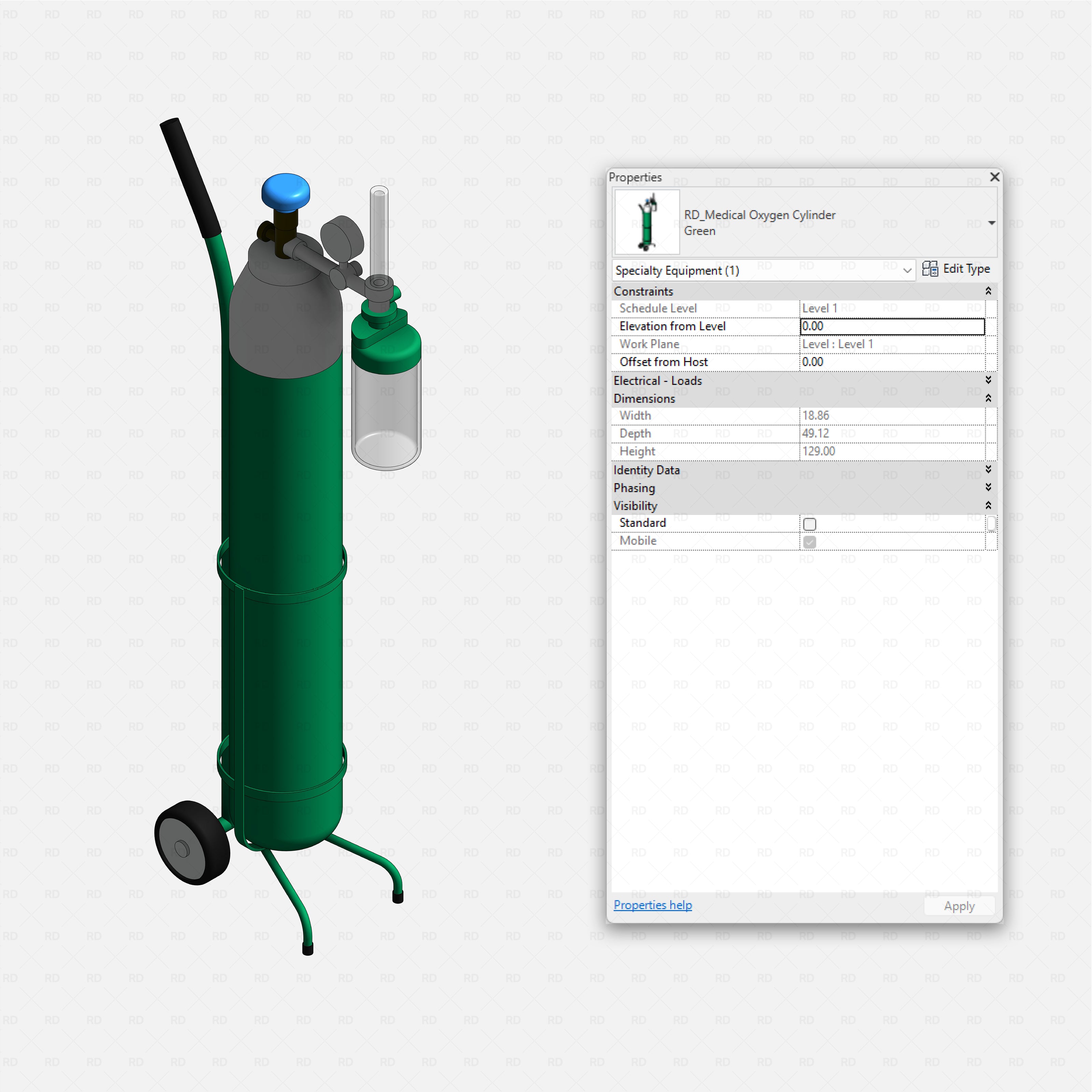 Revit Hospital Furniture and Medical Equipment RD Studio BIM blocks rfa mobile oxygen cylinder trolley with regulator bottle